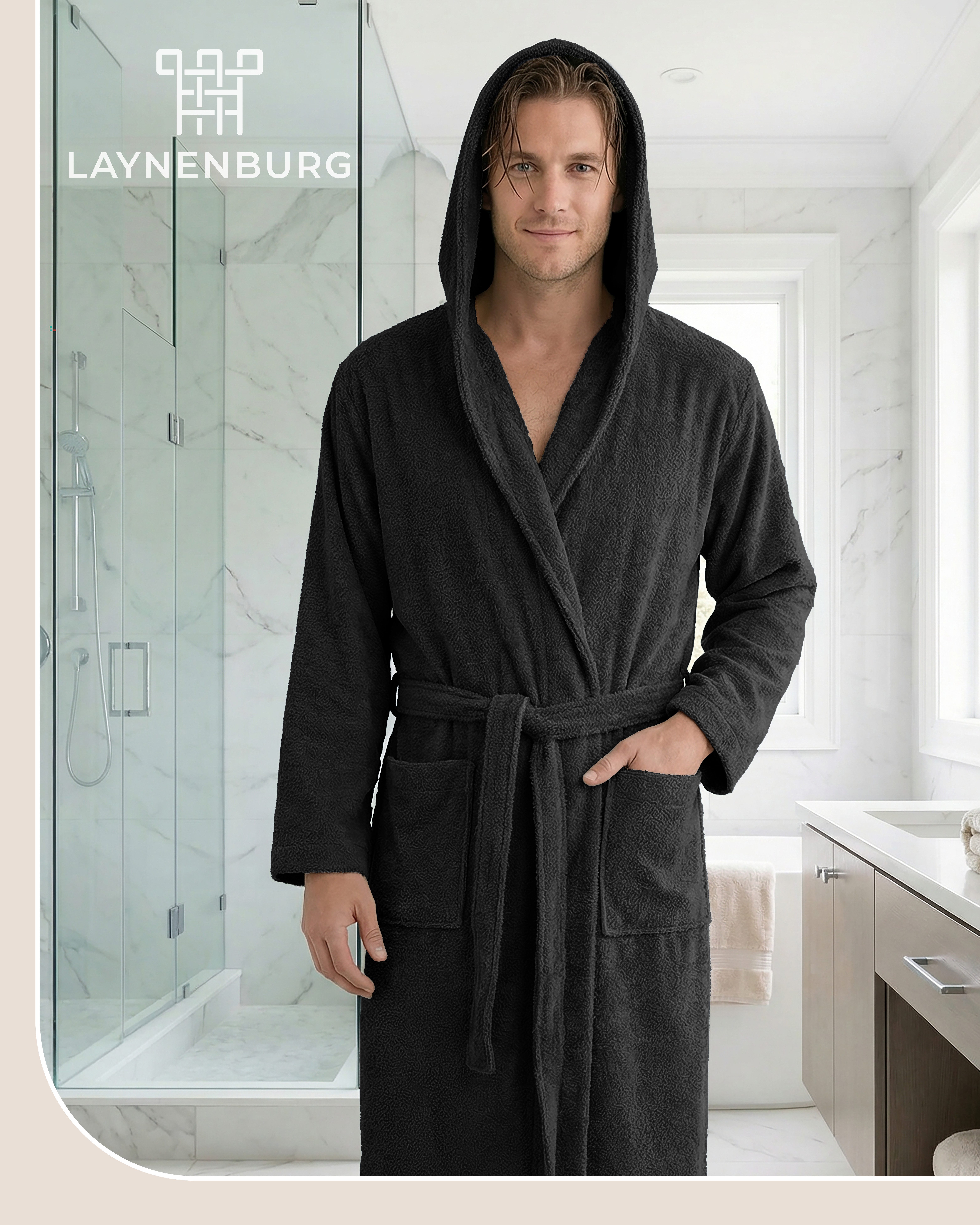 Laynenburg Herrenbademantel Bademantel Herren mit Kapuze aus 100% Baumwolle Frottee, mit Gürtel, aufgesetzten Taschen, Waden-lang für Spa, Sauna, M-XXXL
