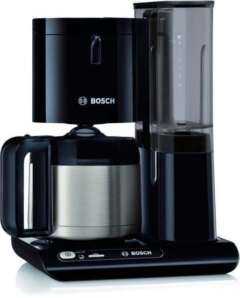 BOSCH Filterkaffeemaschine TKA8A053 Styline, Aroma Sensor, Edelstahl-Thermokanne 1,1 L, 1,1l Kaffeekanne, Papierfilter 1x4, für 8-12 Tassen, Abschaltautomatik, Entkalkungssystem, schwarz