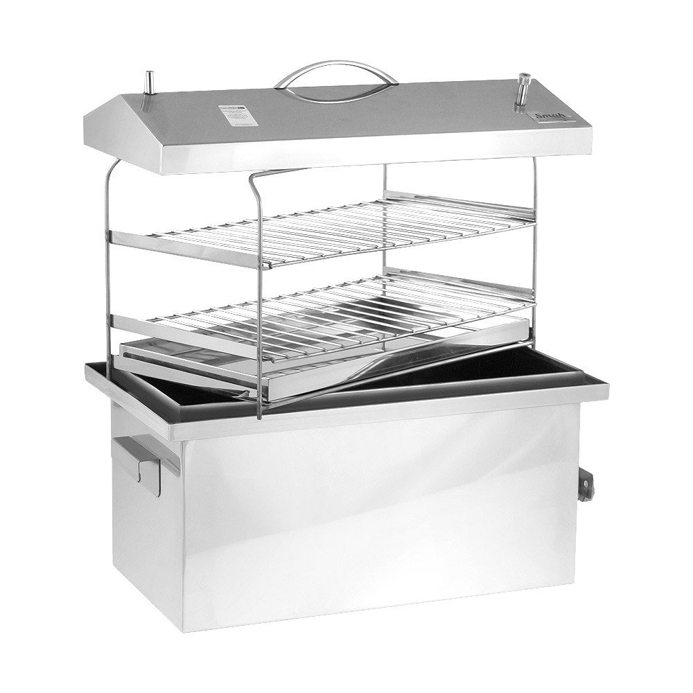 BEM Räucherbox von SMAK mit Deckel aus Edelstahl (Universalgerät für das Kalt- und Heißräuchern von Lebensmitteln) Räucherofen Smoker mit eingebautem Thermometer