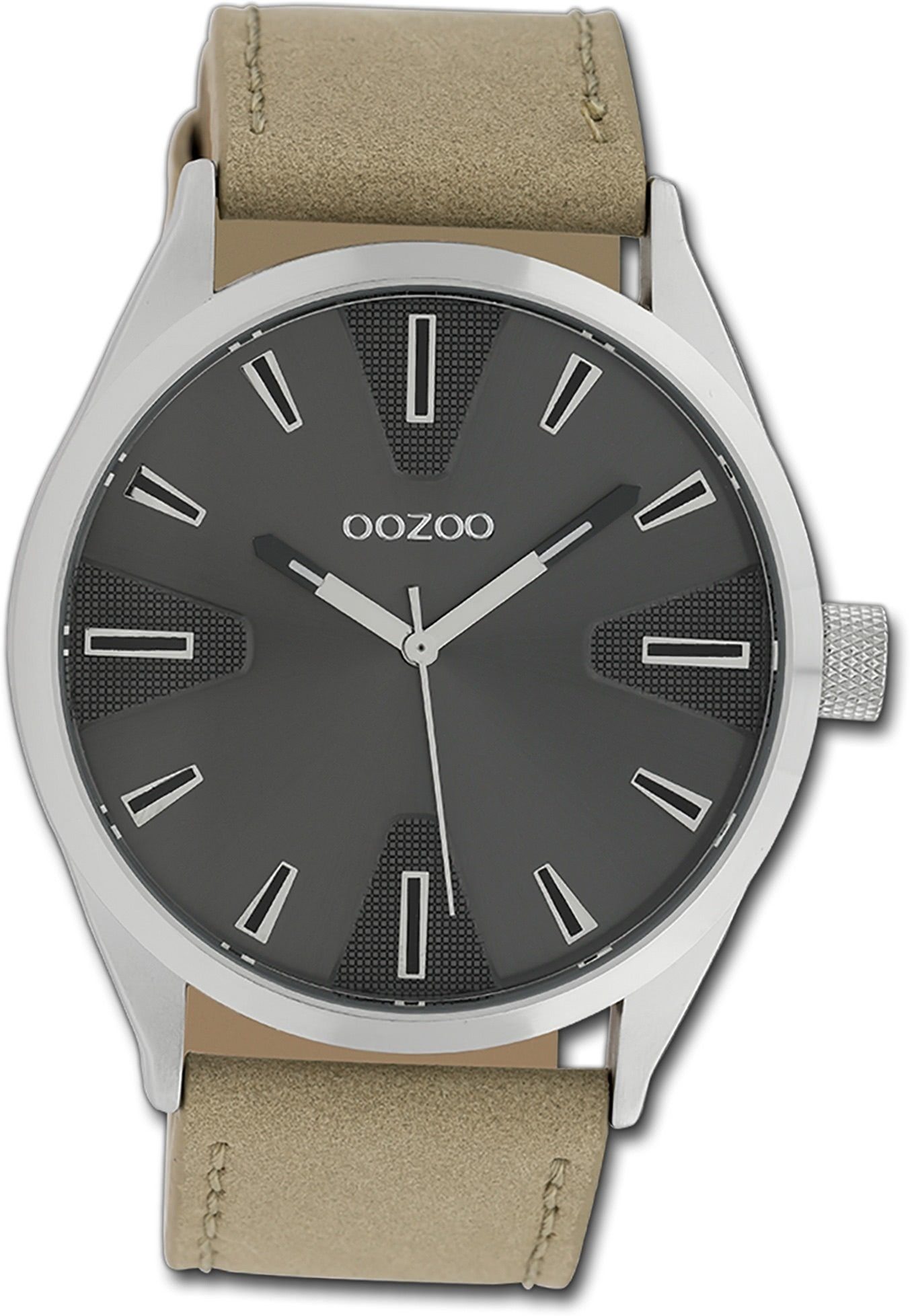 OOZOO Quarzuhr Oozoo Herren Armbanduhr Timepieces, Herrenuhr Lederarmband dunkelgrau, rundes Gehäuse, groß (ca. 46mm)