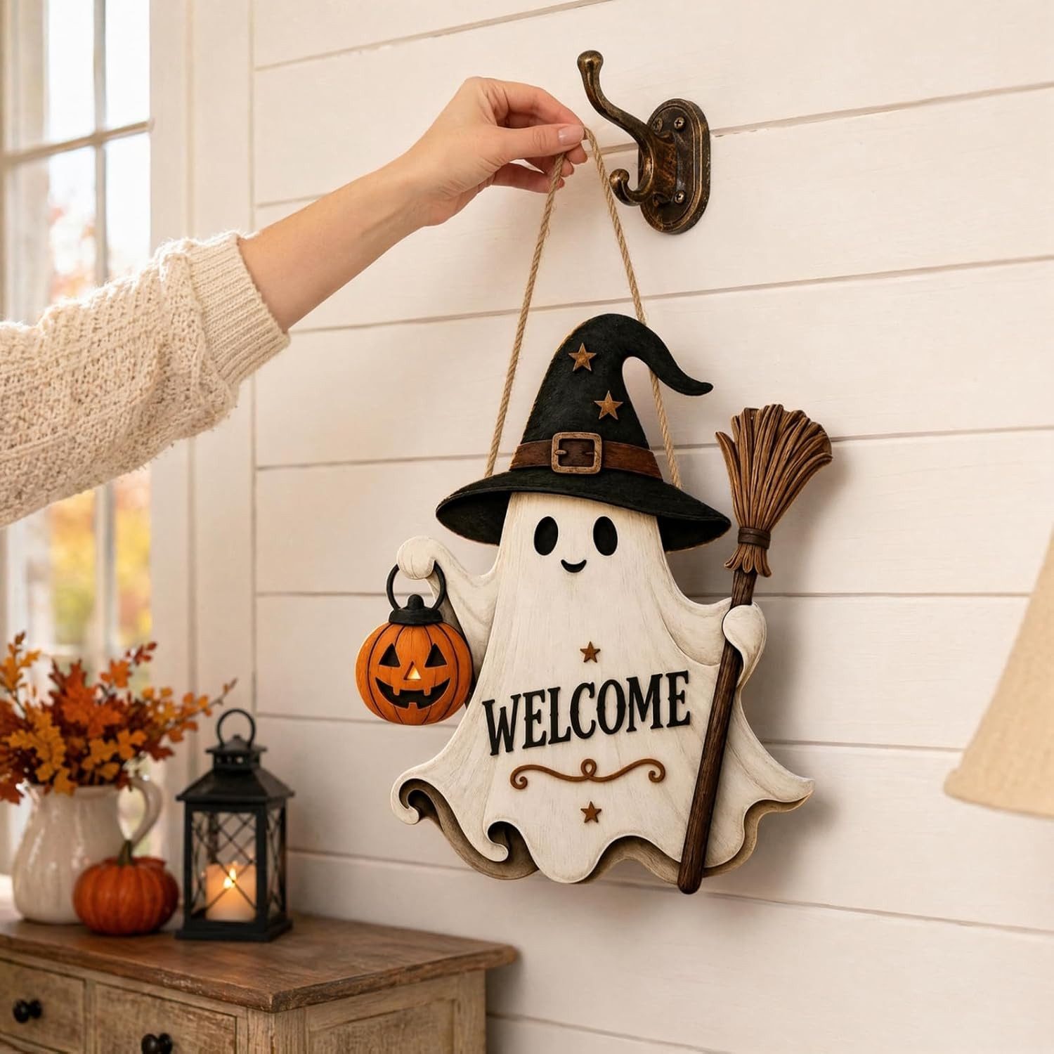 Sorvyzxn Hängedekoration Geistergruß Türschild, Niedliches Halloween Geister Schild, Halloween