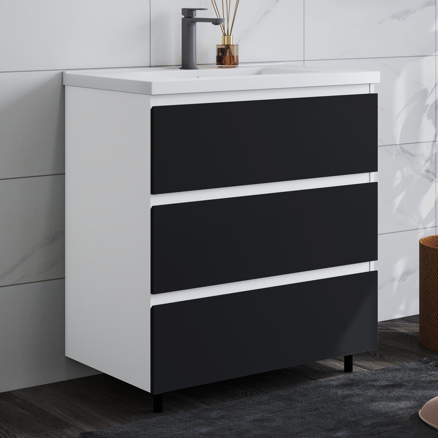 duschspa Waschtisch Badmöbel Set Waschbecken mit Unterschrank Badezimmer Möbel Schrank (Hängeschrank, mit Schrankfüße), 80/100cm breit