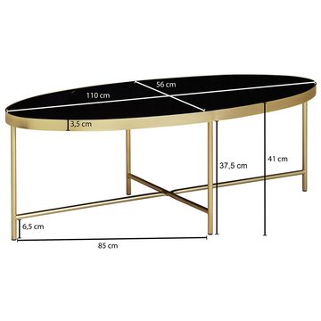 Lomadox Couchtisch, schwarz - Oval 110x56cm mit golden Metallgestell 56/40/110cm