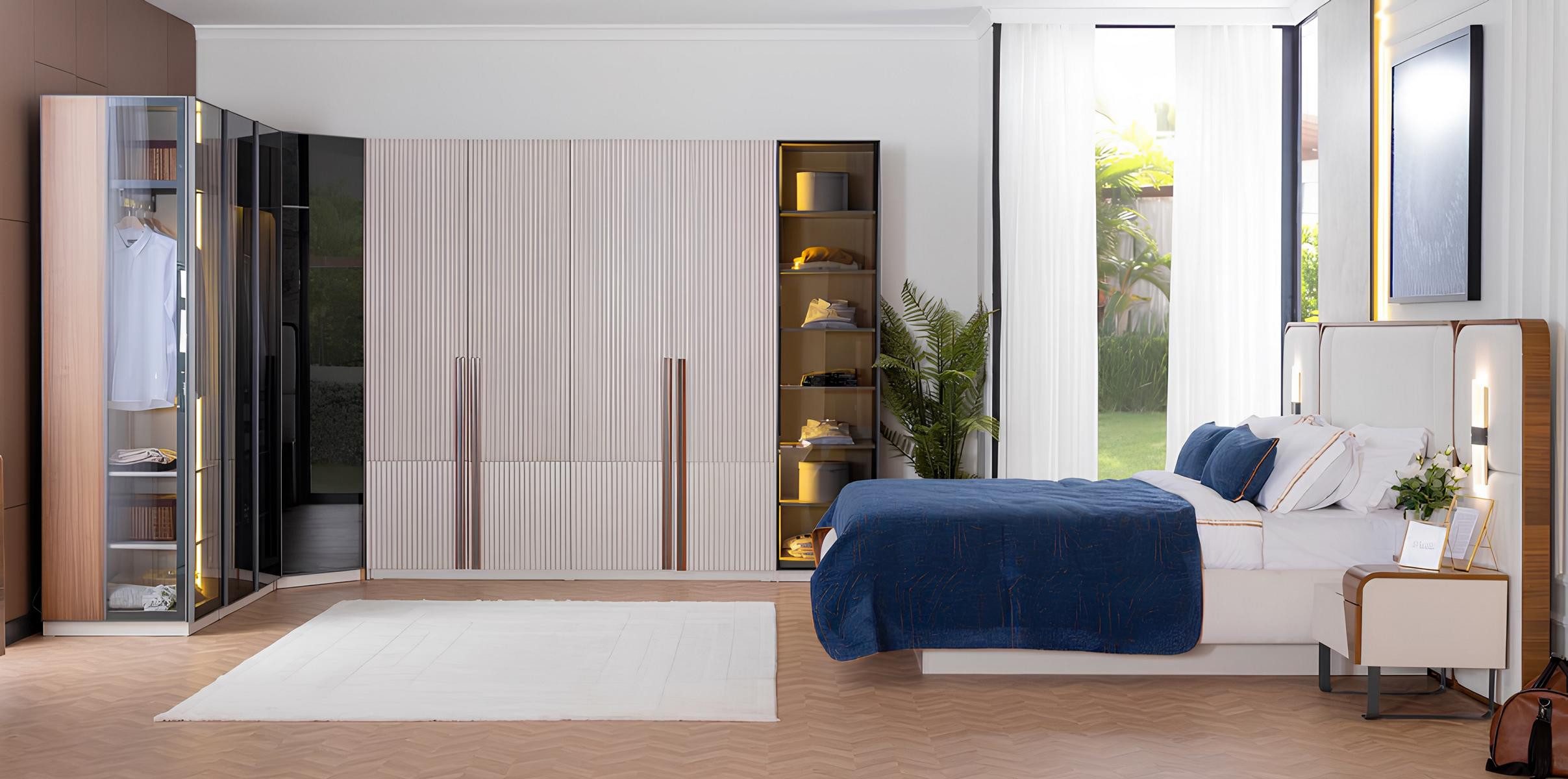 JVmoebel Schlafzimmer-Set JVMoebel Schlafzimmer Set in Beigeton mit Doppelbett und Eckschrank, (4-tlg), Made in Europa