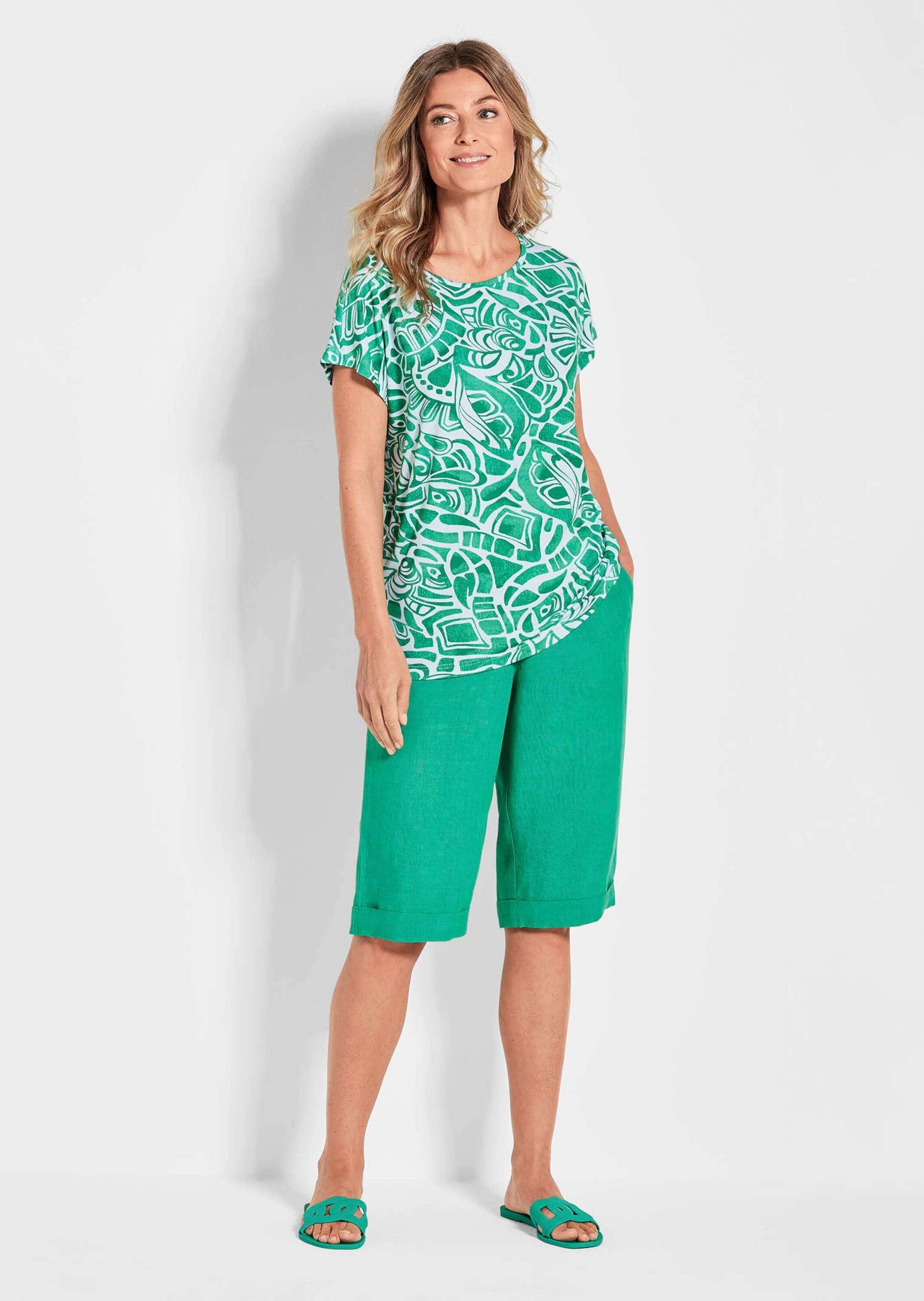 GOLDNER Print-Shirt Kurzgröße: Damen Oberteil Ethnoprint Kurzarm Halbarm Jerseyshirt mit Allover-Print, figurumspielend, weich