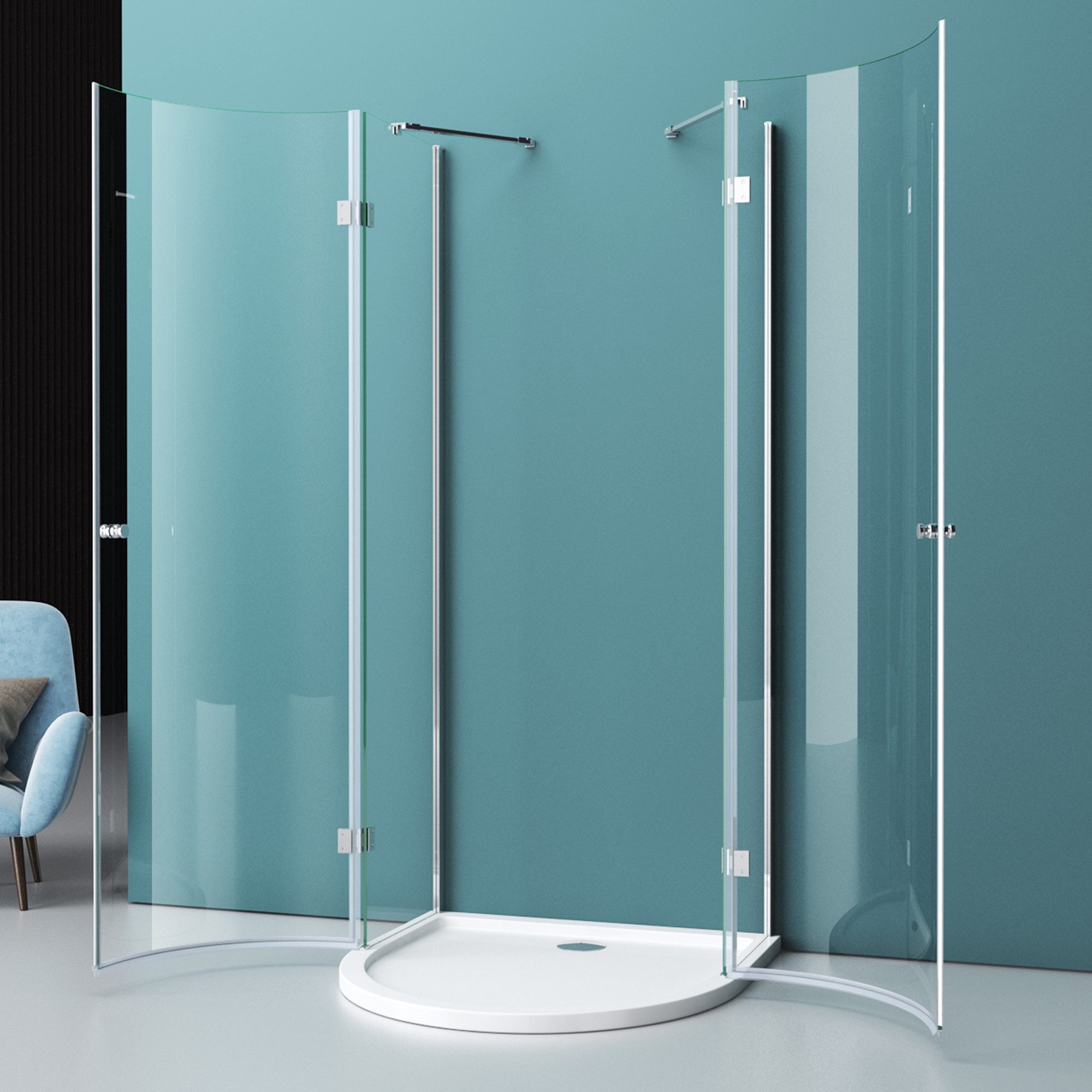 Mai & Mai Runddusche U-Form Duschkabine 6 mm ESG-Sicherheitsglas mit Nano-Beschichtung R03, BxT: 90x90 cm, Zwei Pendeltüren mit Lotus-Beschichtung und Abperl-Ef – Bild 4 von 5