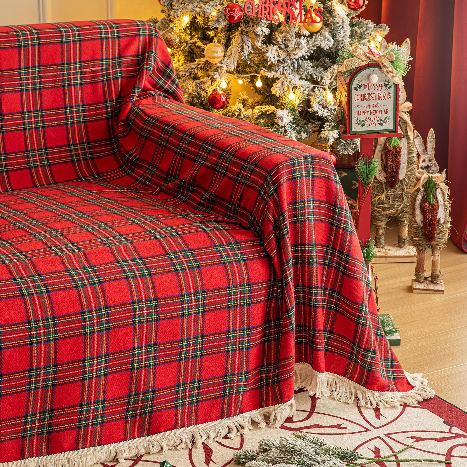 Sunicol Sofabezug Plaid Sofa Überwurfdecke mit Quasten, Schutzhülle für Weihnachten Deko, Vielseitige Couch Überwurf für Sofa, Kuscheldecke, große Tagesdecke – Bild 5 von 5