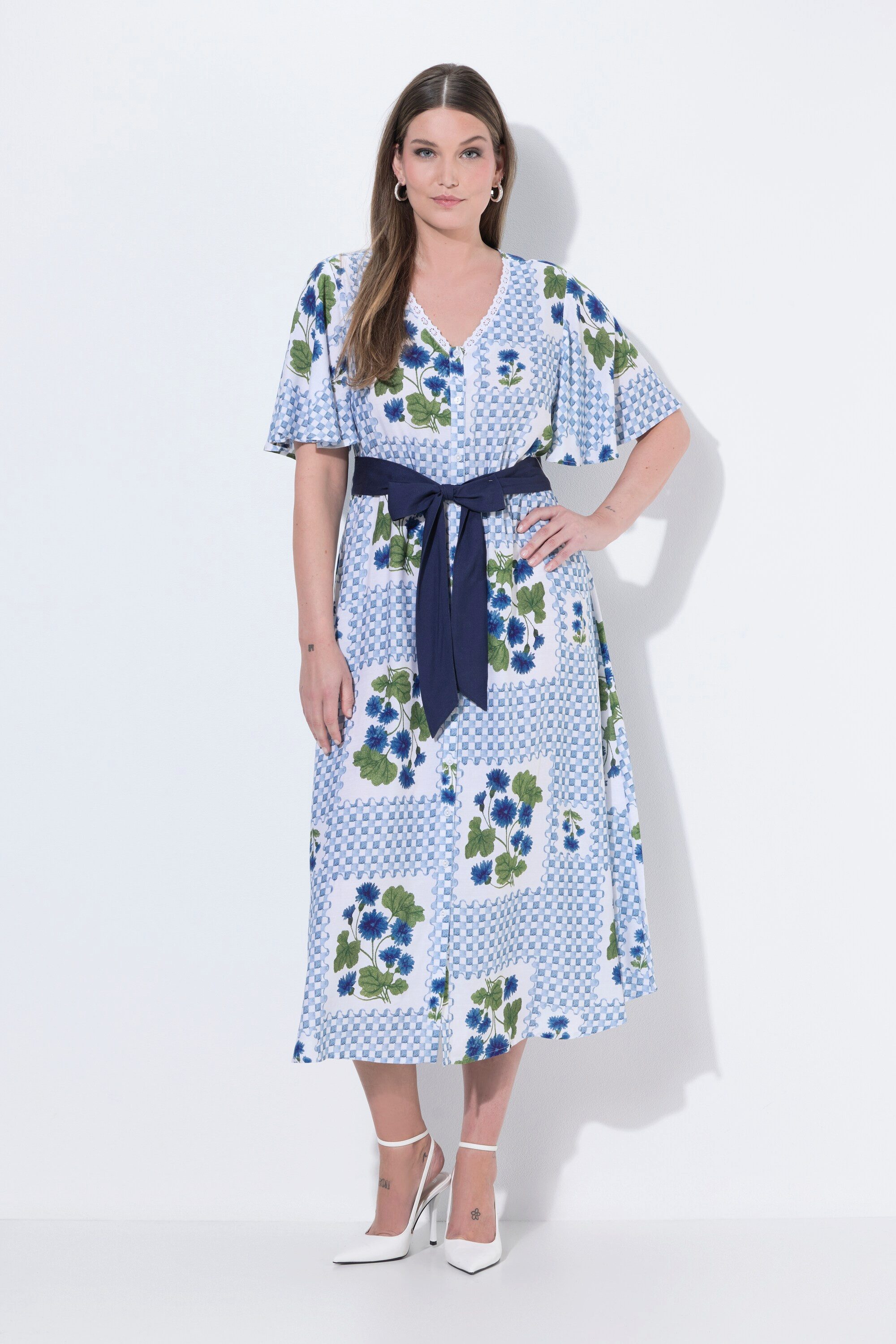 Ulla Popken Maxikleid Maxikleid Karo/Blüten V-Ausschnitt Halbarm