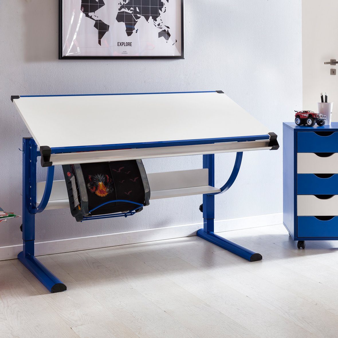 Wohnling Schreibtisch WL5.127 (Kinderschreibtisch 60 cm x Neigungsverstellbar 120 Modern Blau Holz Weiß), Schülerschreibtisch 