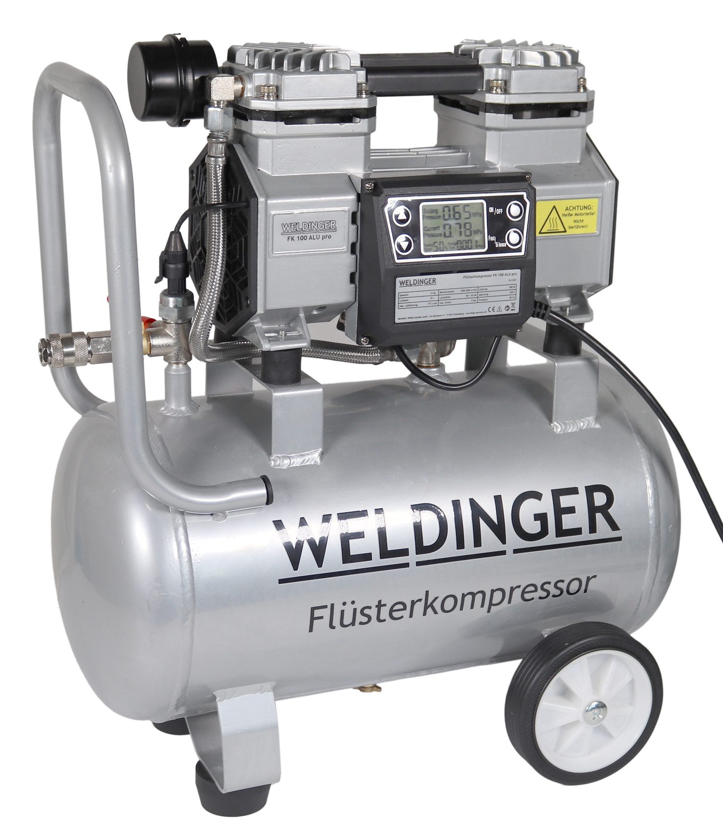 WELDINGER Kompressor FK100 Alu pro Flüsterkompressor 900W 3-9 bar 17l Aluminiumtank, 900 W, max. 9 bar, 17 l, Stück, 1-tlg., Digitalsteuerung, Aluminiumtank
