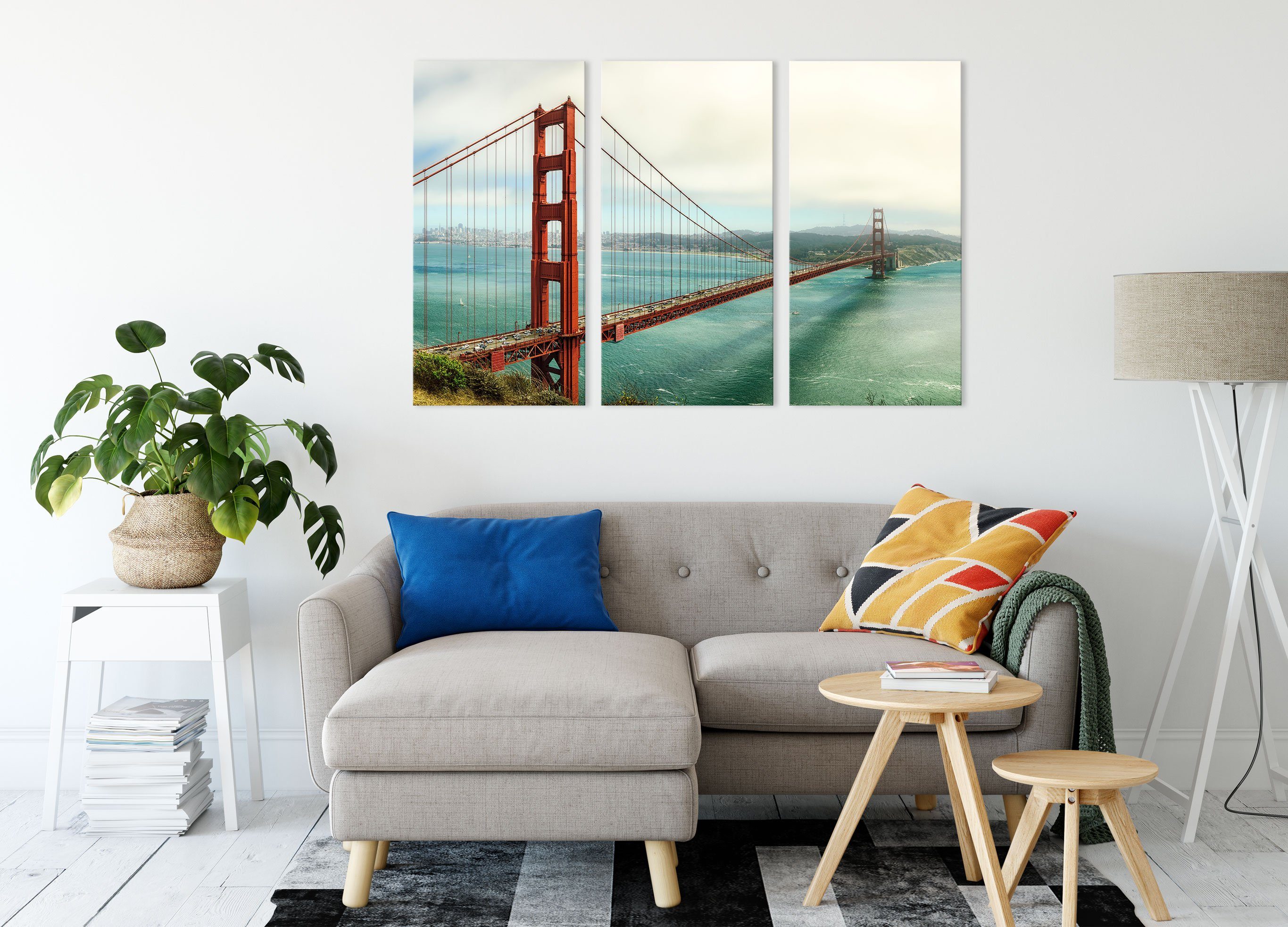 Zackenaufhänger Bridge inkl. Gate Golden Gate St), (1 fertig 3Teiler Pixxprint bespannt, (120x80cm) Golden Leinwandbild Bridge, Leinwandbild