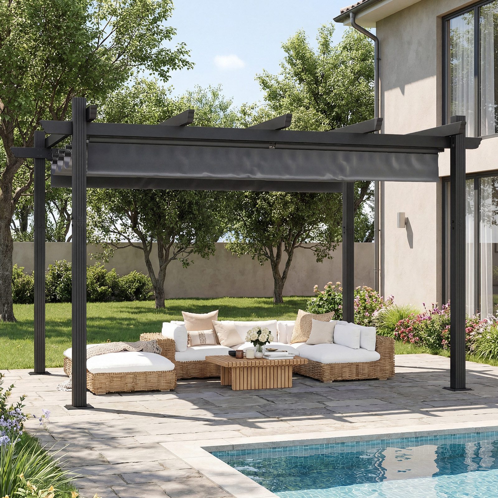 GUNJI Pergola 3x3/3x4m Winterfest, Magnetisch befestigte Aluminium-Pergola, (180g PA-beschichtetes Polyester, UV-geschützt, geeignet für Garten, Terrasse, Poolszenen), Magnetisch befestigbares Schiebedach