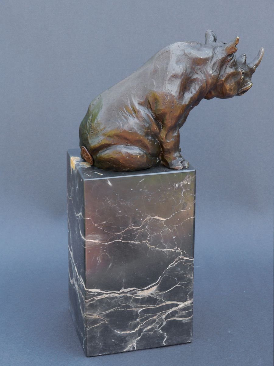 Tierfigur Bronze auf aus edlem AFG Marmorsockel Nashorn Figur