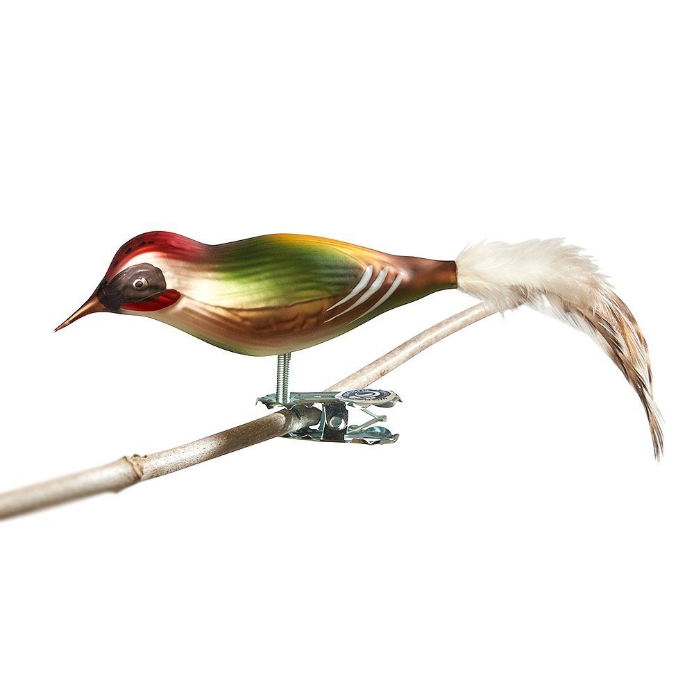 Birds of Glass Christbaumschmuck Glasvogel Grünspecht mit Naturfeder, mundgeblasen, handdekoriert, aus eigener Herstellung