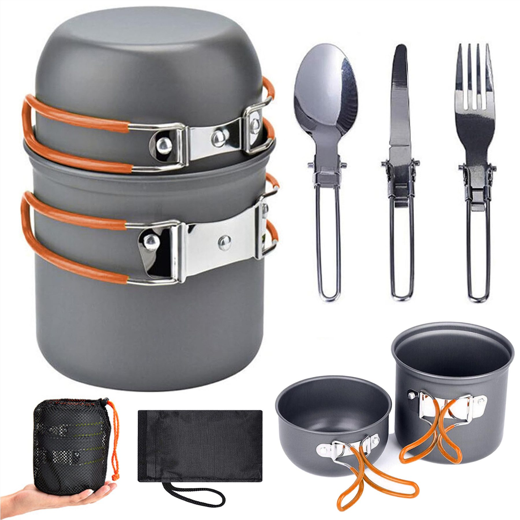 Mutig Geschirr-Set Camping Kochgeschirr Set, Topf Outdoor mit Faltbarer Messer Gabel, 2 Personen, Ungiftig, geruchlos, hohe Härte und umweltfreundlich