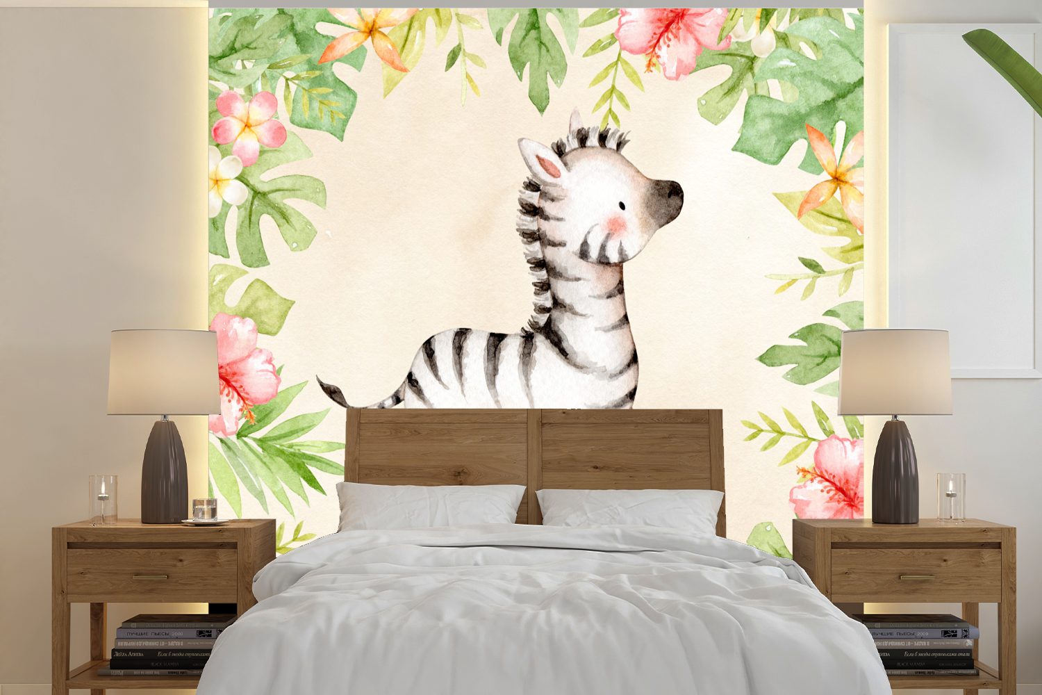 MuchoWow Fototapete Dschungel - Zebra - Aquarellfarbe, Matt, bedruckt, (5 St), Vinyl Tapete für Wohnzimmer oder Schlafzimmer, Wandtapete