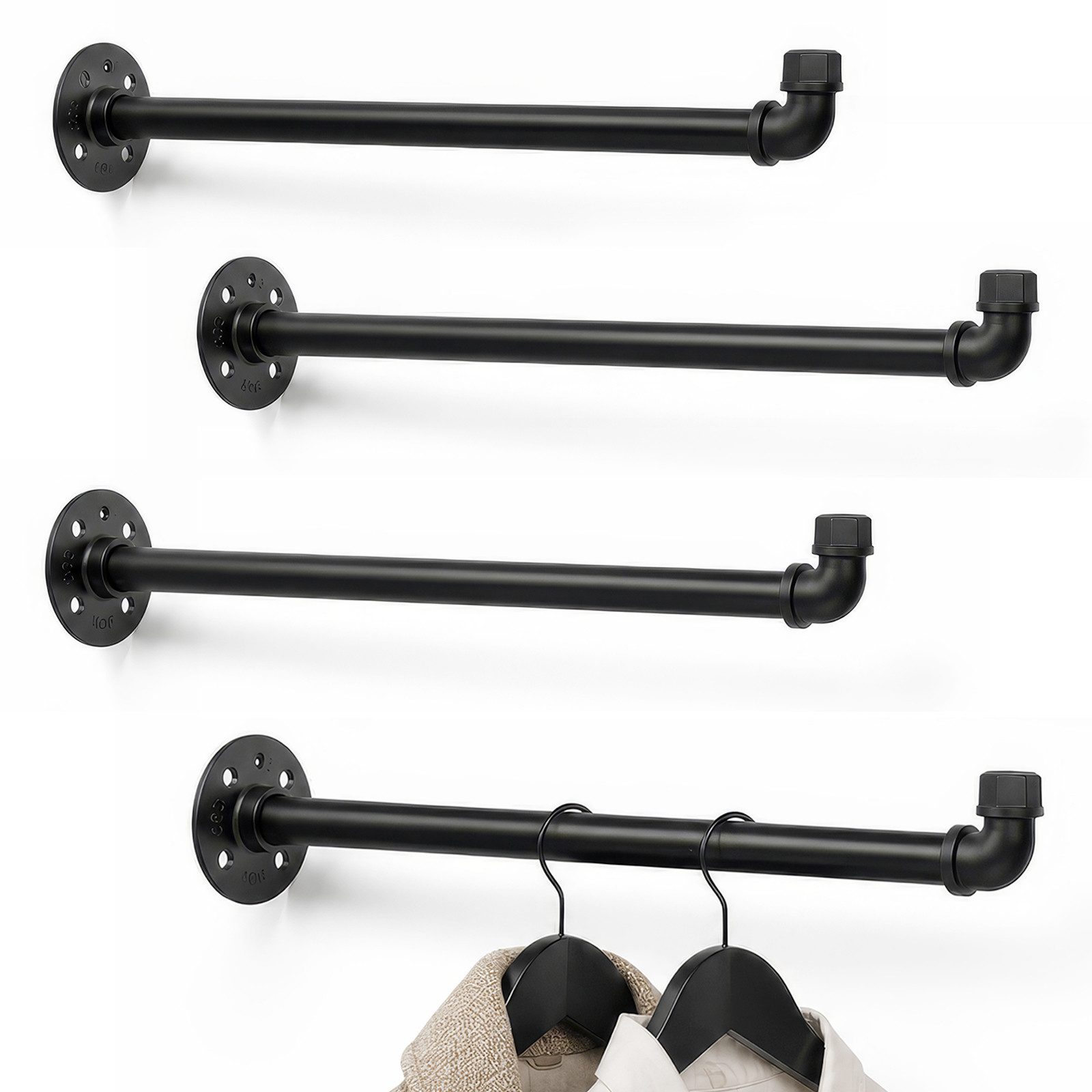BlingBin Kleiderstange Wandmontage 4er Set, 40 cm, Schwarz (Eisenrohr Garderobe, 4 St., Kleideraufhängung), Industrierohr Garderobenhalter wand, für Schlafzimmer Wohnzimmer