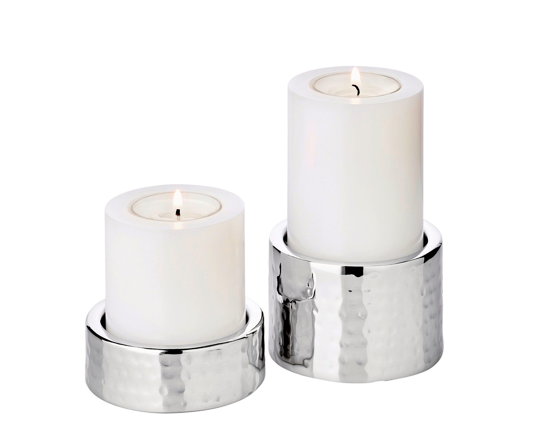 EDZARD Windlicht Luca, 2er-Set, Edelstahl, hochglanzpoliert, gehämmert, H 2,5/5 cm