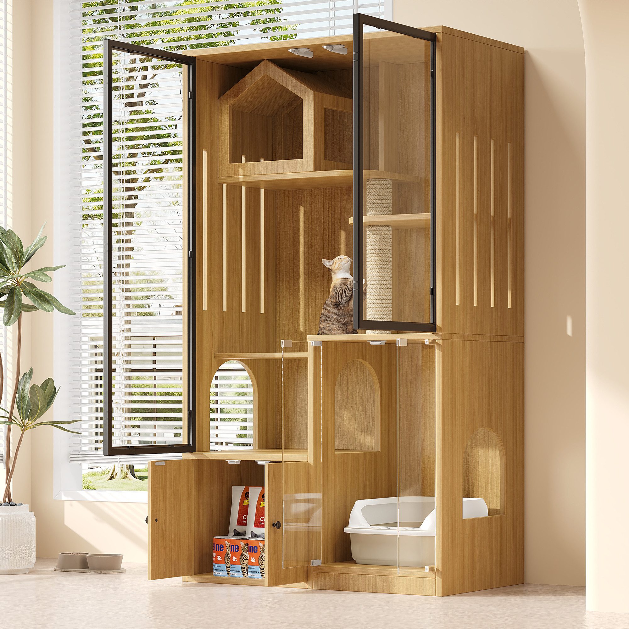 Flieks Katzenhaus Katzenvilla mit vierstockiger großer Katzenzaun, Tierhaus mit Kratzpfosten und Glastüren Katzenkäfig Holzoptik