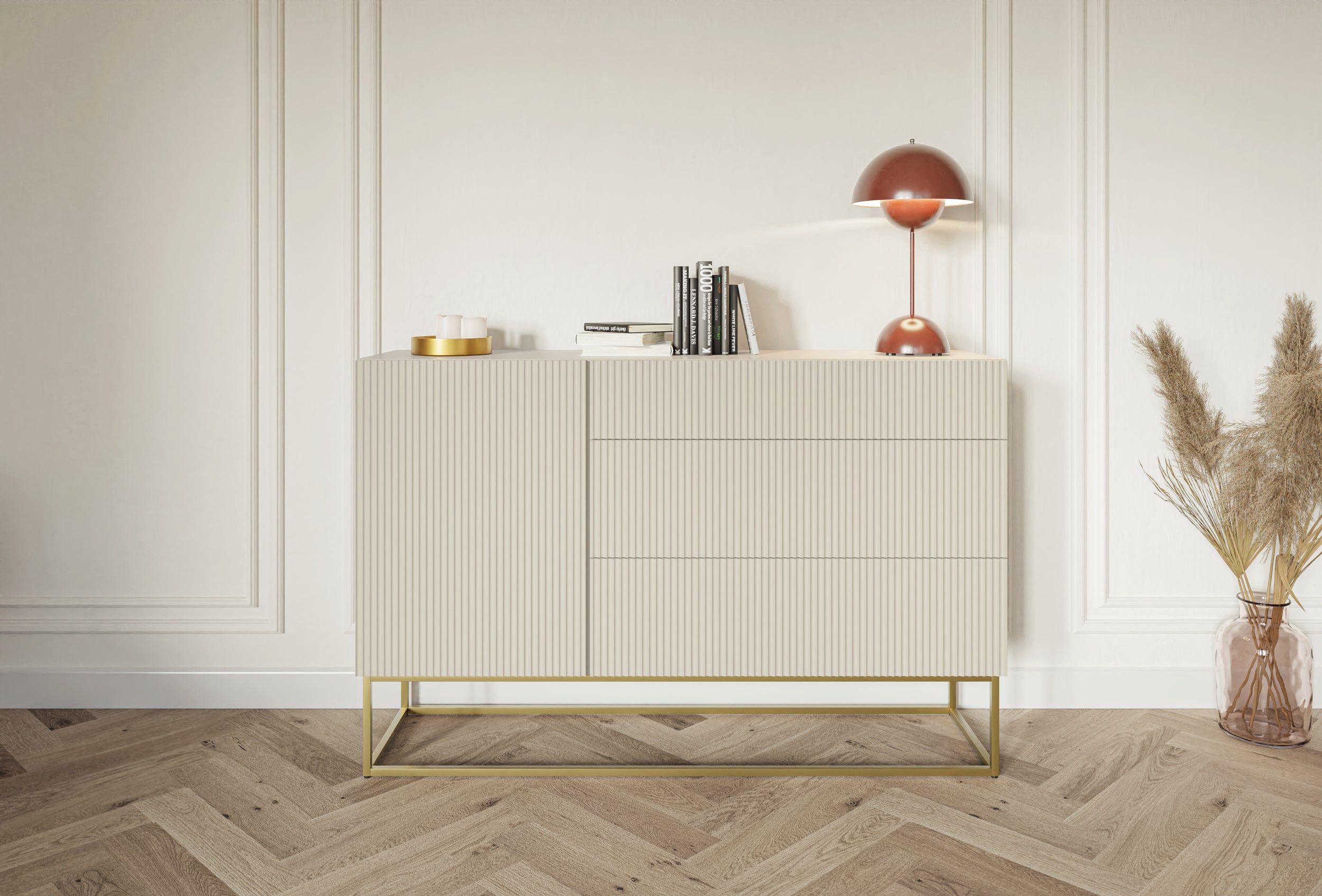 Selsey Sideboard VELDIO, 1-türig mit 3 Schubladen, greige mit Gestell in Gold, 140 cm