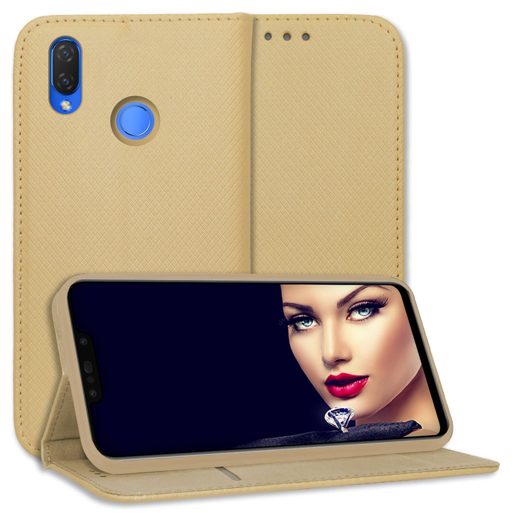 mtb more energy Smartphone-Hülle Smart Magnet für Huawei P Smart Plus, nova 3 / 3i, Gold, Bookstyle Klapphülle Cover Wallet Case aus Kunstleder