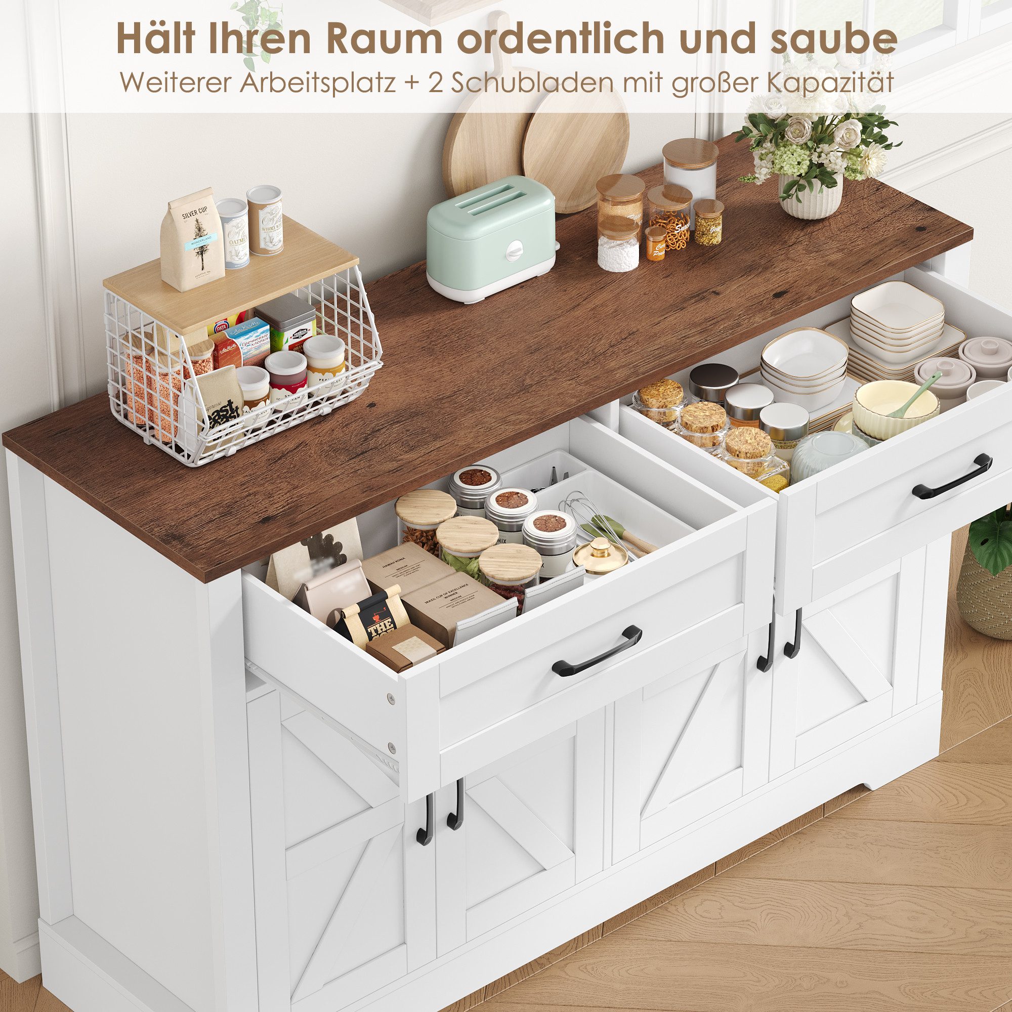 HOMECHO Buffet 120cm Küchenschrank mit 2 Schubladen 4 Türen