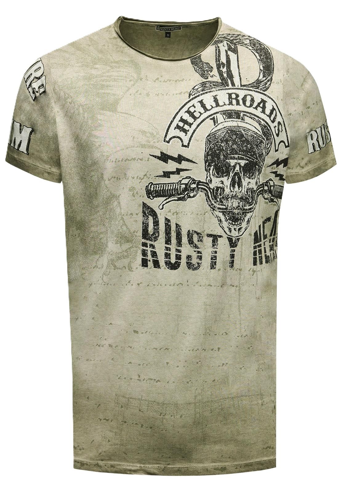 Rusty Neal T-Shirt Rundhals Vintage Skull Print Oil Wash Regular Fit