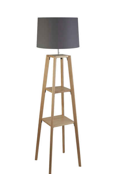 Licht-Erlebnisse Stehlampe MAFRA, ohne Leuchtmittel, Tripod Holz hell Grau E27 152 cm Stoff Metall Modern Wohnzimmer