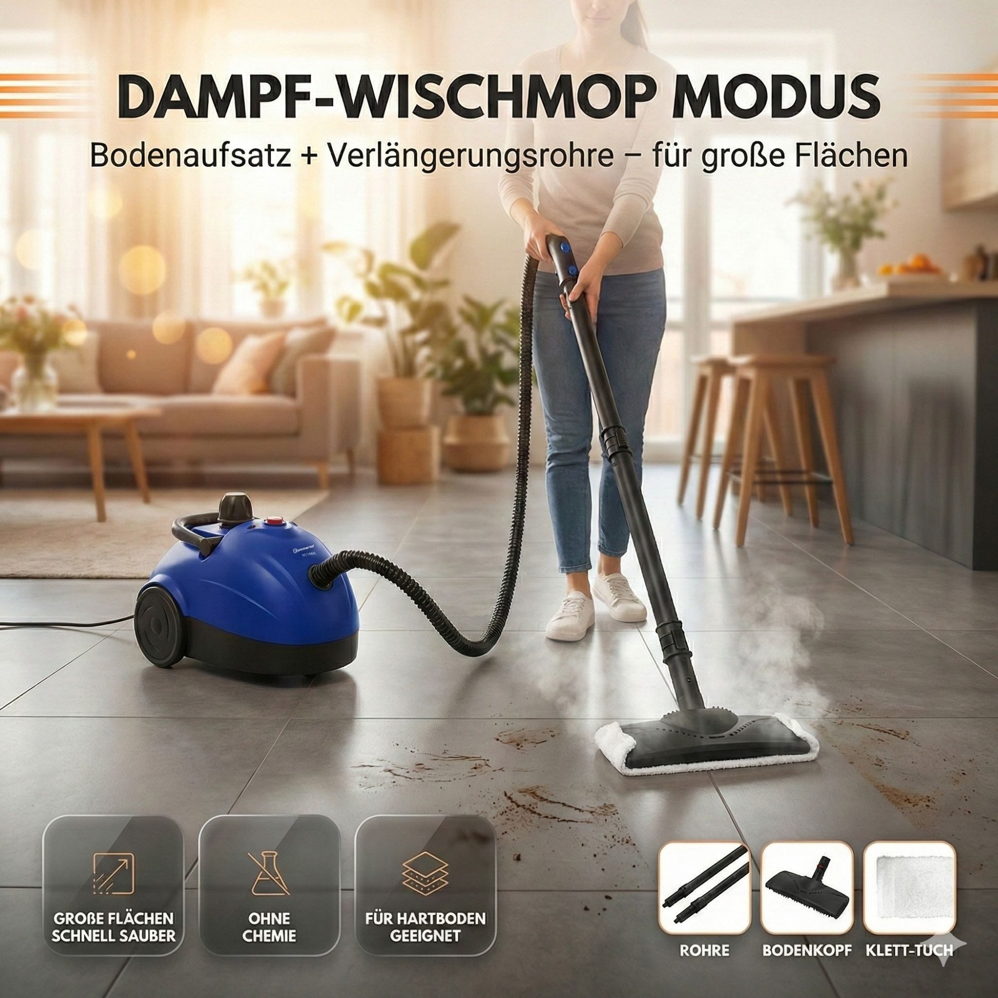 Sommertal Handdampfreiniger Sommertal XXL SC1000 Dampfreiniger Handgerät 1500 W, 1500 W, 1100 ml Tank, 16-teiliges Zubehörset, Steam Cleaner