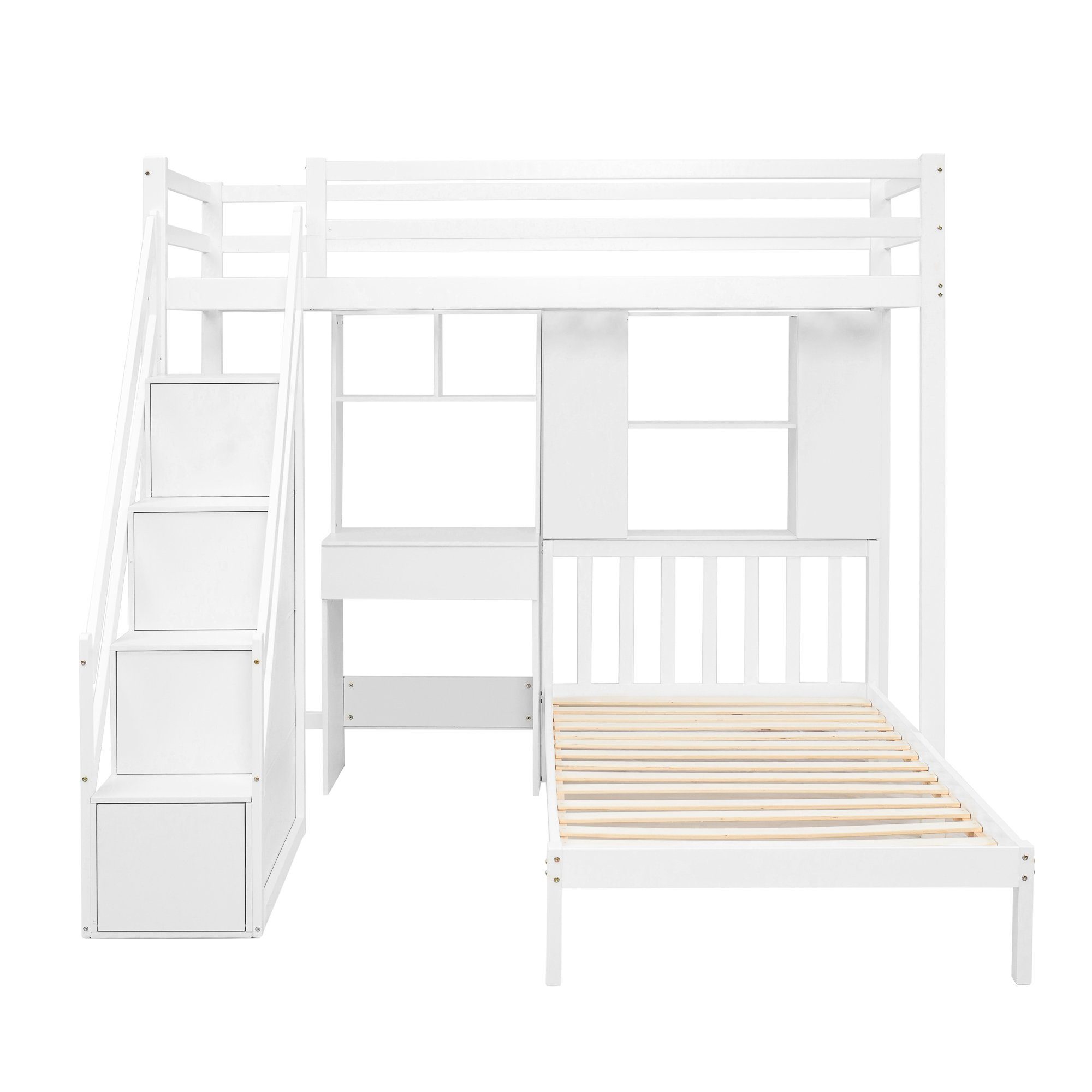 Flieks Etagenbett, Kiefernholz Kinderbett mit und Schreibtisch 90x200cm Treppe