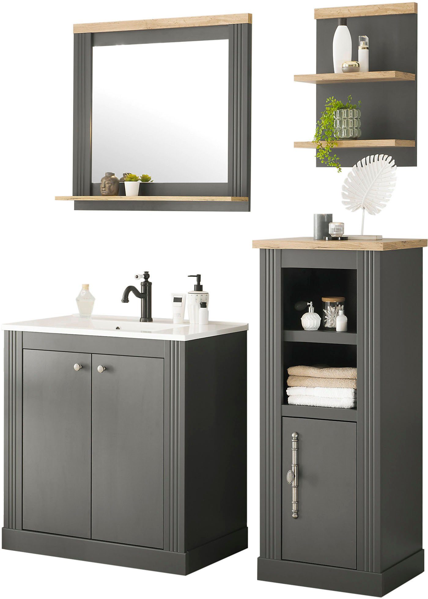 OTTO home Badmöbel-Set WESTMINSTER, Bad im Landhausstil, 2-teiliges Badezimmer, (4-St), Waschtisch, Spiegel, Midischrank, Regal, in 2 Farben, Breite 150 cm