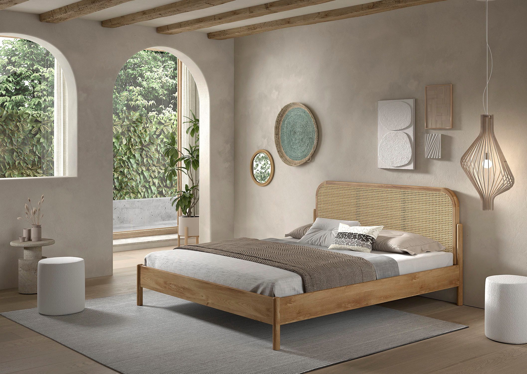 Vipack Bettgestell Olive, Bettpfosten Eiche massiv und furnierten Bettseiten (mit hochwertigem Rattan-Geflecht Kopfteil, Rahmen Eiche massiv), ohne Lattenrost, mit höhenverstellbarem Rahmenbeschlag, zwei Breiten
