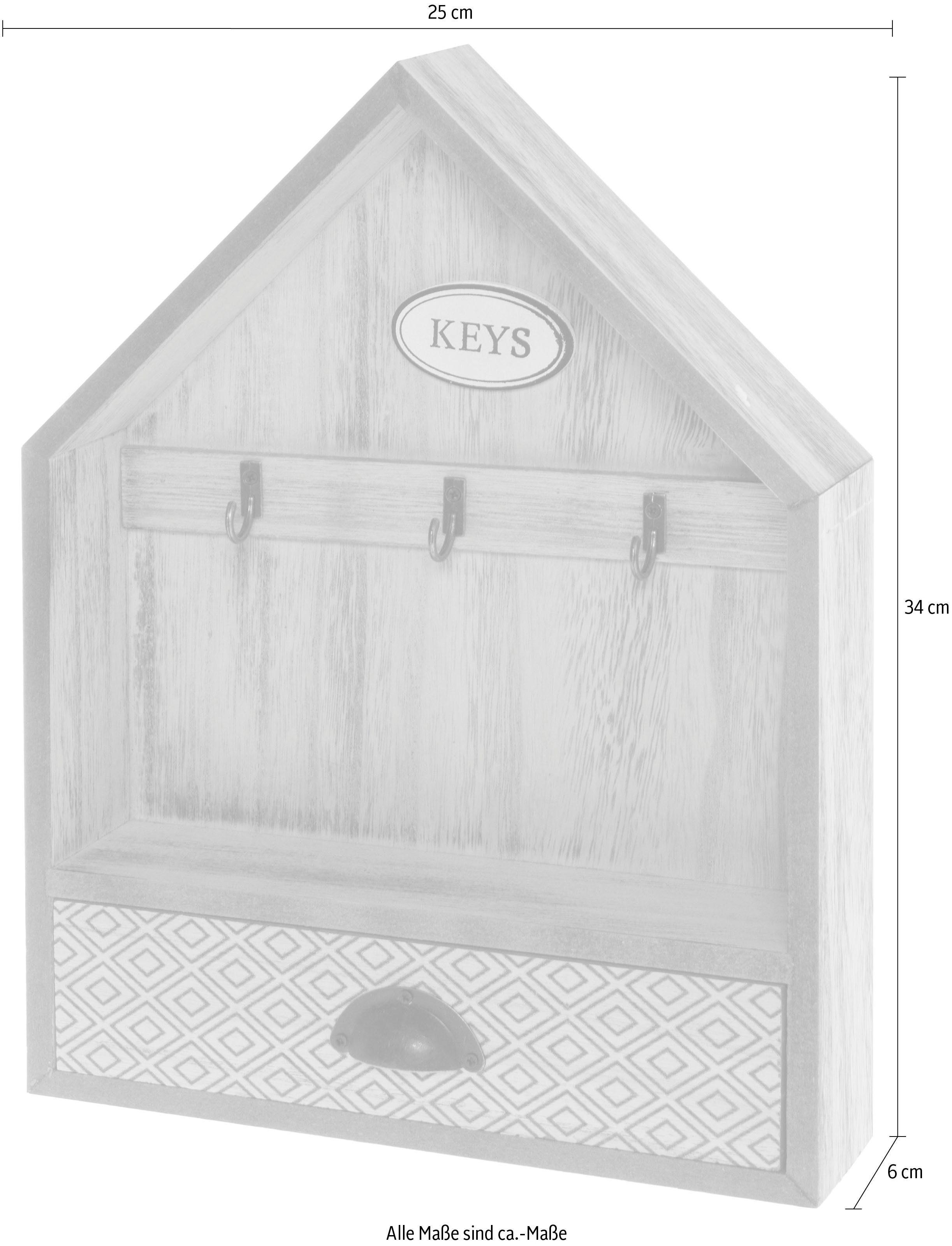 Myflair Möbel & Accessoires Schlüsselkasten Sylke, Schlüsselbrett, Haus Form, mit 3 Haken & Schublade