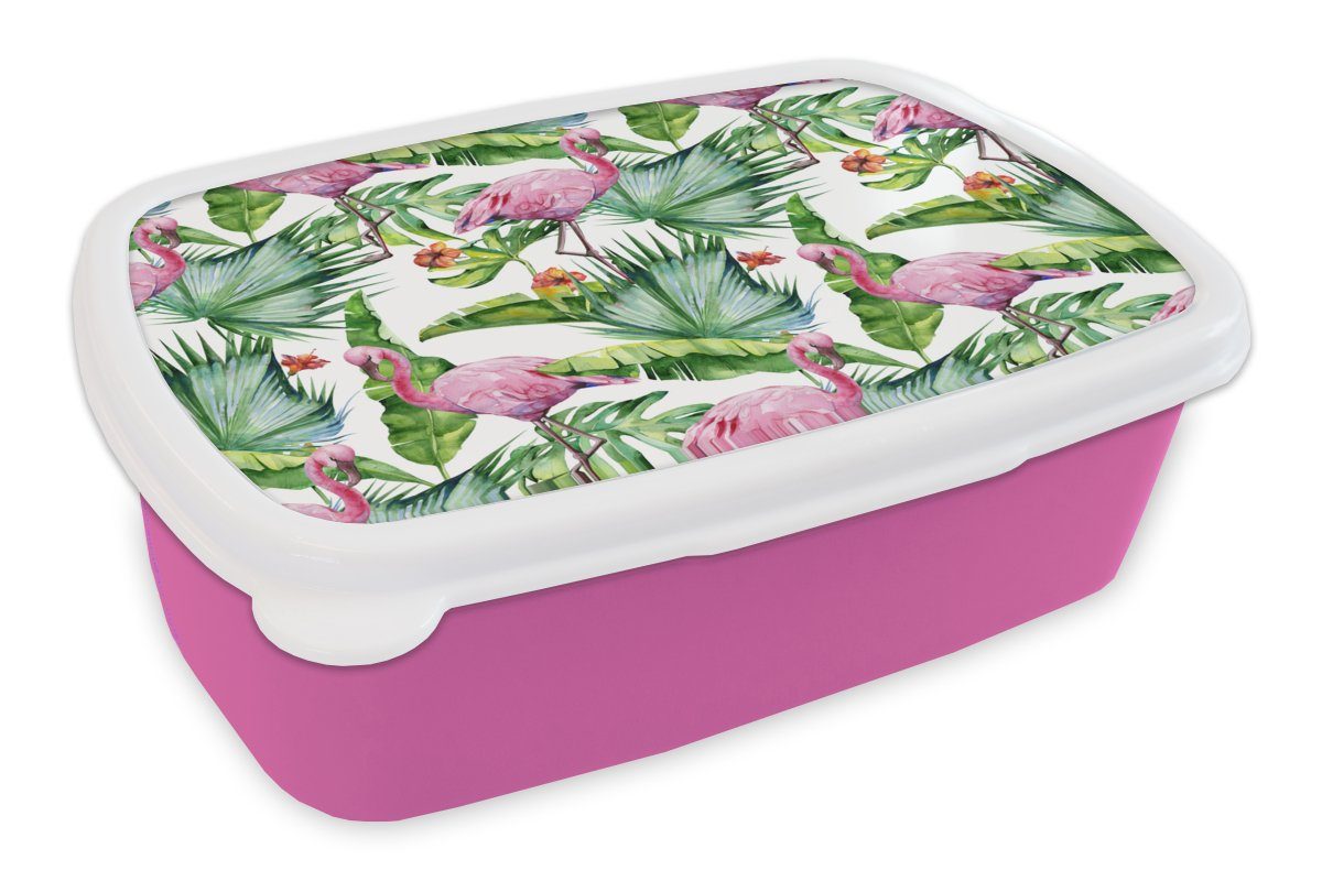 MuchoWow Lunchbox Blätter - Flamingo - Blumen - Dschungel, Kunststoff, (2-tlg), Brotbox für Erwachsene, Brotdose Kinder, Snackbox, Mädchen, Kunststoff rosa