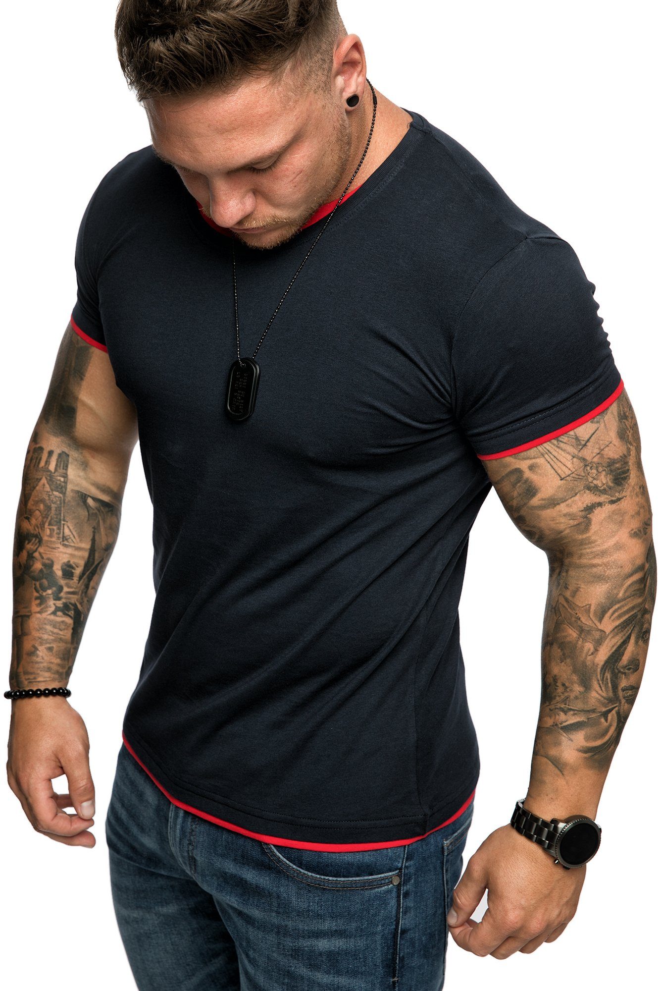 Amaci&Sons Rundhalsausschnitt LAKEWOOD mit T-Shirt Navyblau/Rot Slim-Fit Herren Farbig Doppel Shirt Basic