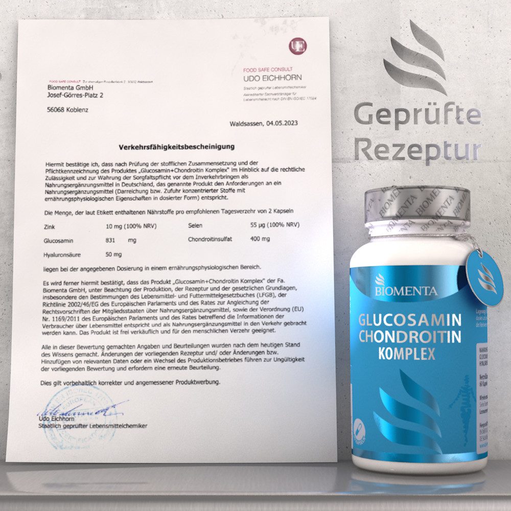 BIOMENTA Glucosamin + Chondroitin Komplex - 90 Knochen Kapseln (Zink, Hyaluron) Kapseln, 60 St., 54 g