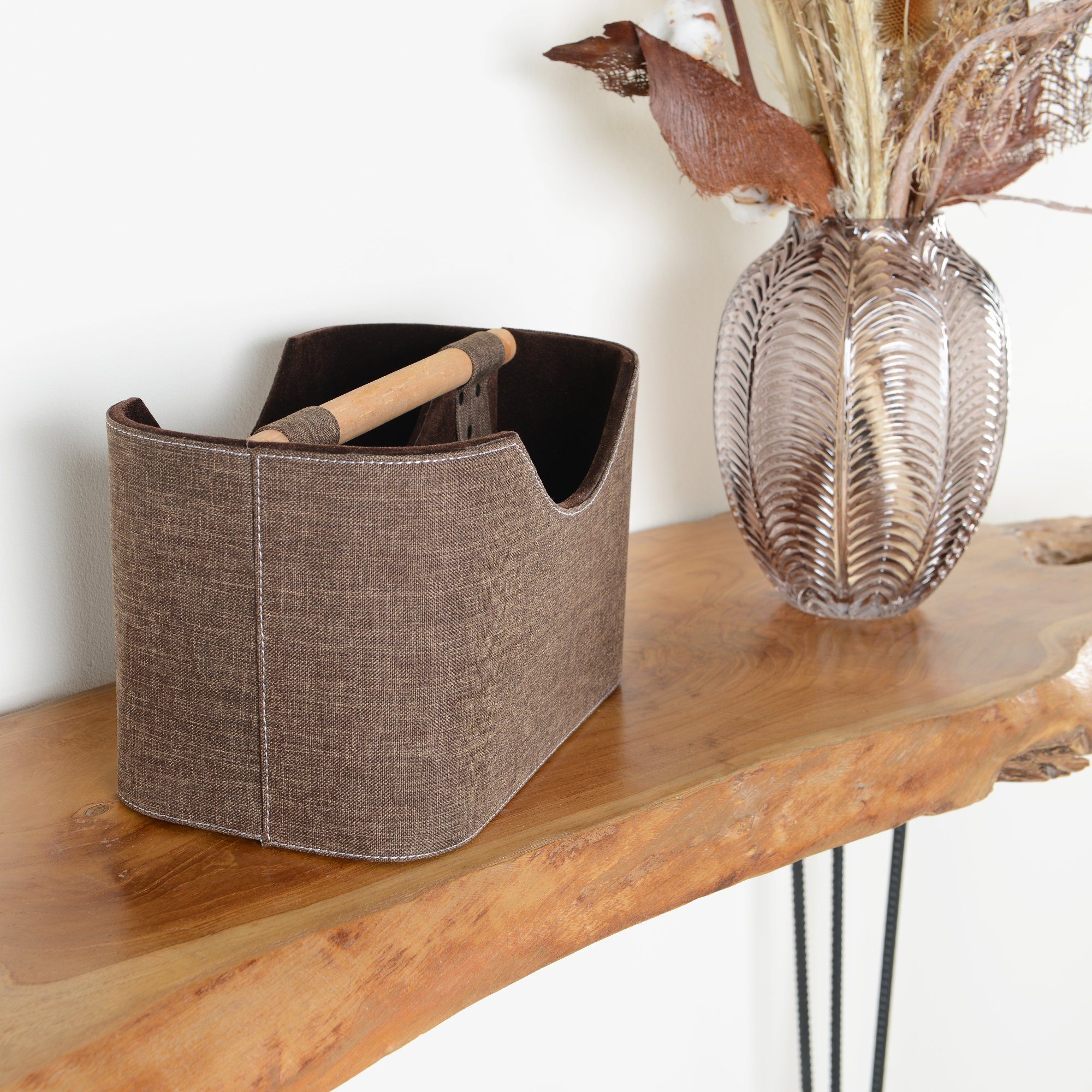 wohnfreuden Aufbewahrungsbox Zeitungsständer aus Stoff mit Teakholz 30 cm dunkelbraun – Bild 4 von 5