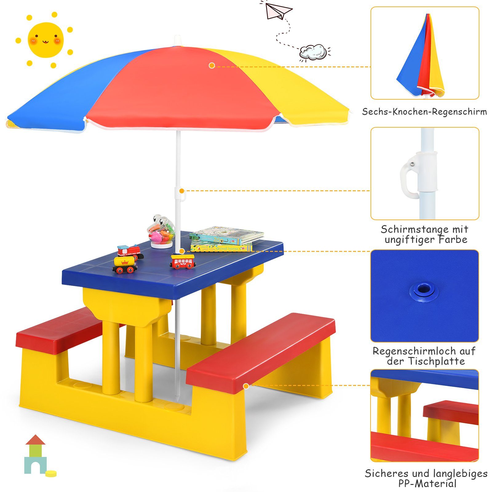 COSTWAY Kindersitzgruppe Sitzgarnitur, Kindertisch, Rot+Blau+Gelb mit Sonnenschirm