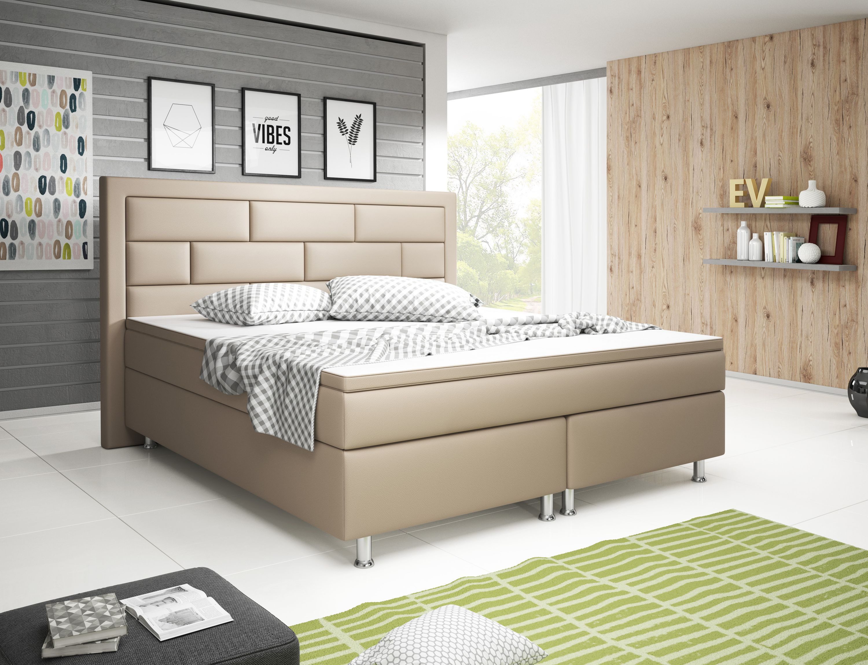 inter Boxspringbett Nizza Kunstleder mit 7 Zonen Taschenfederkernmatratzen und Topper (180x200 cm, Muddy mit 7 Zonen Taschenfederkernmatratzen und Topper), Taschenfederkern-Komfort, gepolstertes Kopfteil, inklusive Matratzen