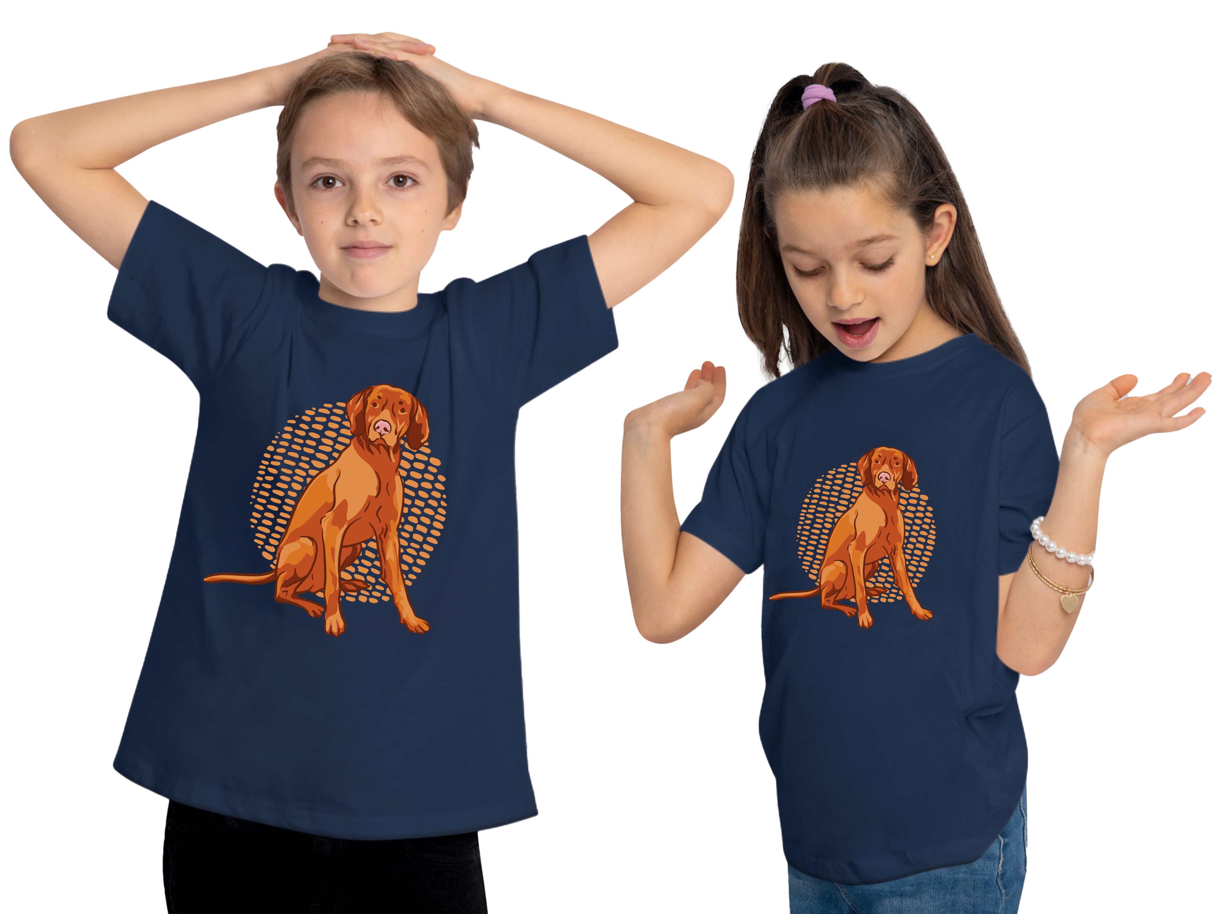 T-Shirt - bedruckt Shirt i257 navy blau brauner Sitzender Print Hund Kinder Baumwollshirt Hunde Aufdruck, mit MyDesign24