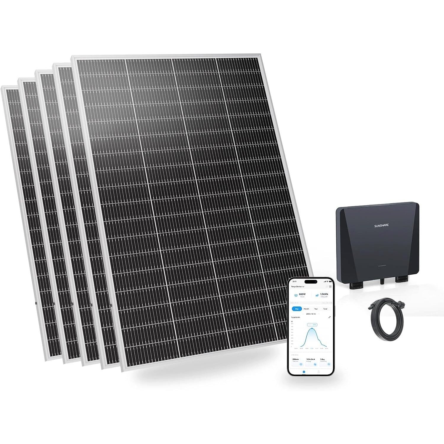 Sunshare Balkonkraftwerk Ray Lite Balkonkraftwerk 1000 W Basic Kit – 5×200 W, Plug-&-Play, 200 W, Monokristallin N‑TOPCon, (Balkonkraftwerk, 5-St., 1000 W Basic‑Set mit 5 Modulen und Mikro‑WR), Kompaktes 1000 W PV‑System, flexibel bis 1200 W erweiterbar