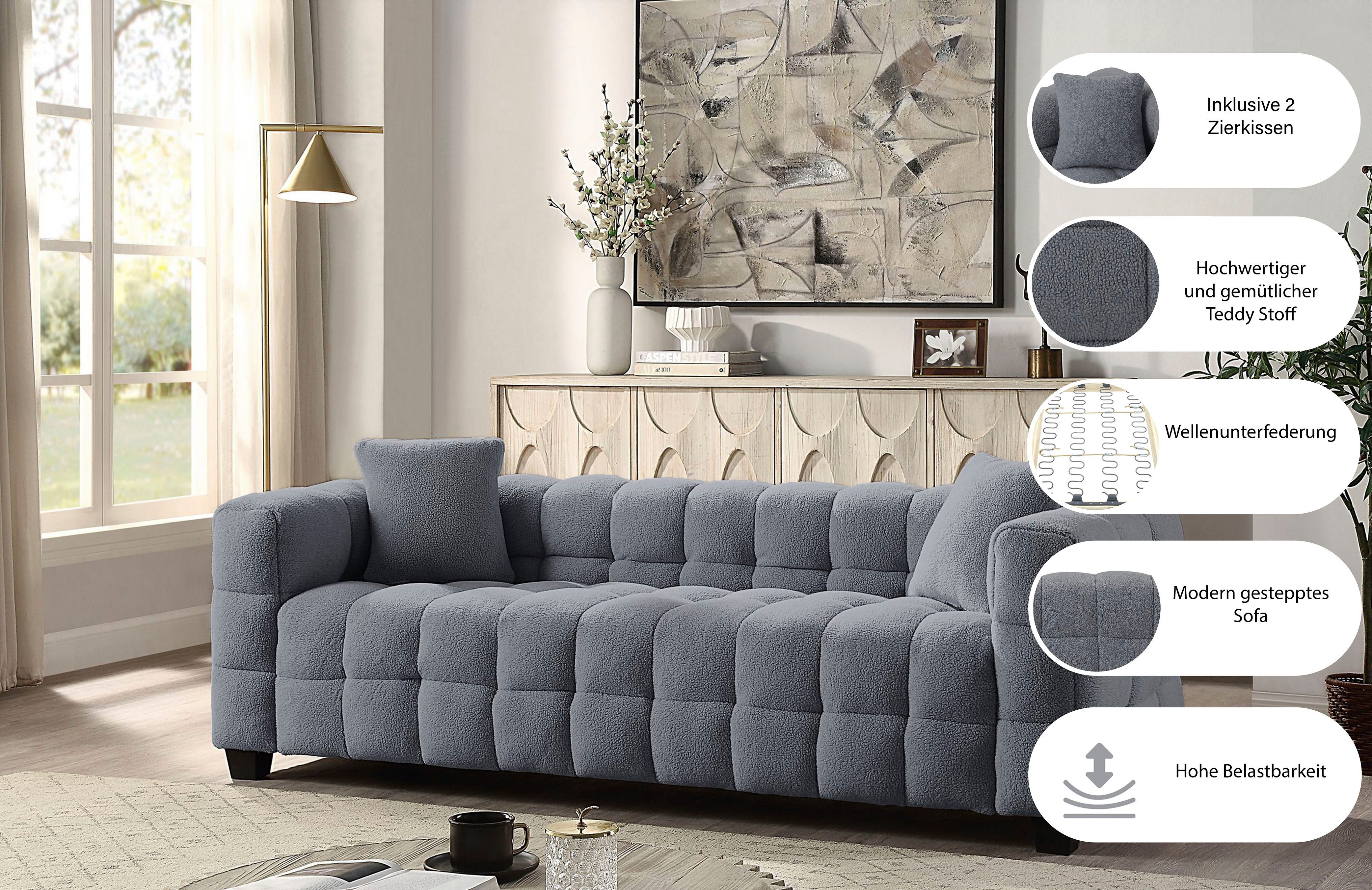 ATLANTIC home collection 3-Sitzer Stella, inkl. 2 Zierkissen und mit modernem Teddy Stoff