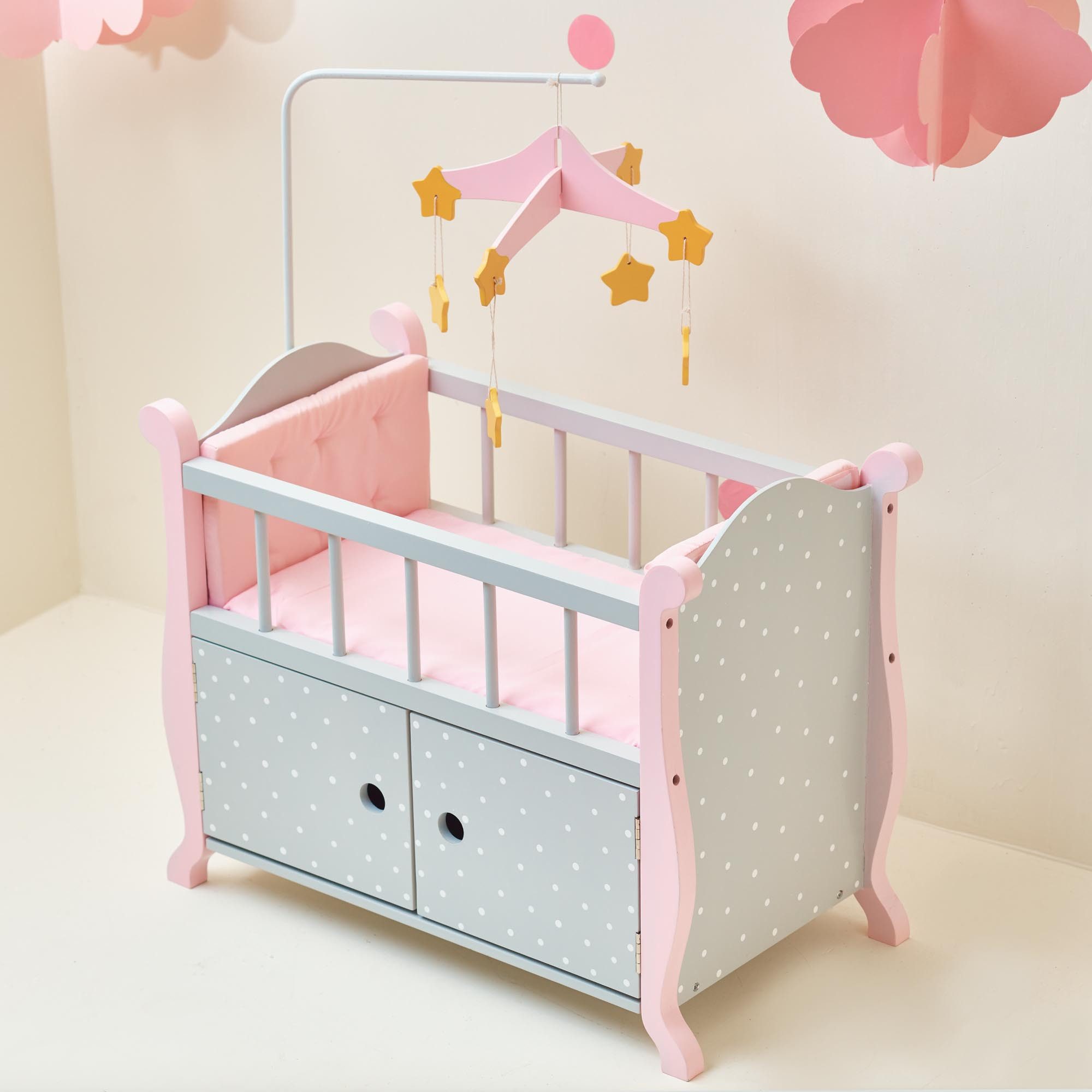 TEAMSON™ KIDS    Puppenmöbel Puppenbett Grau Rosa Polka Dots Mobile mit Ste günstig online kaufen