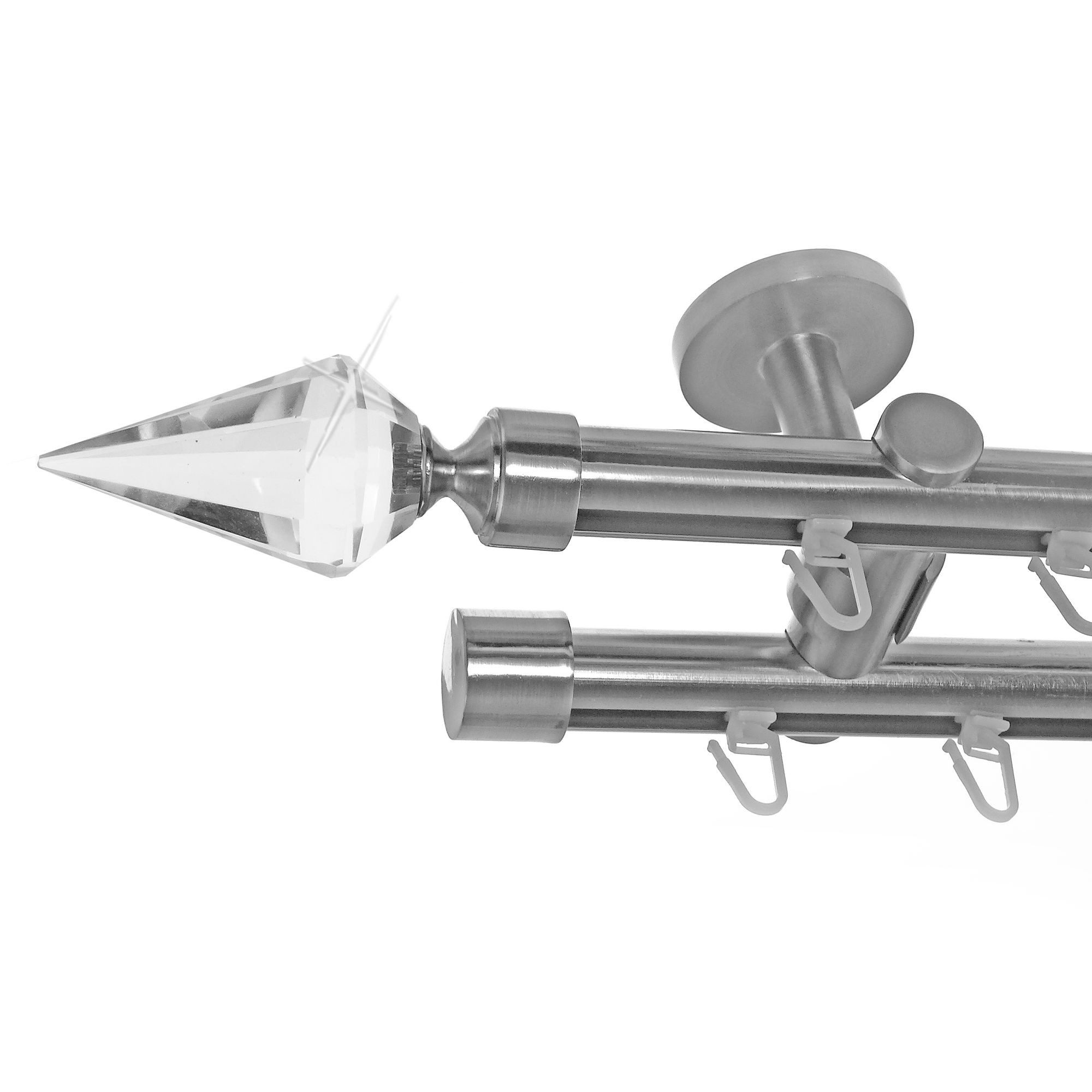 BASIT Gardinenstange Innenlauf Edelstahloptik 20mm mit Deckenträgern 200 cm E37, Ø 20 mm, 2-läufig, verschraubt, Aluminium, D40 200 cm E37 Spitze Kristall