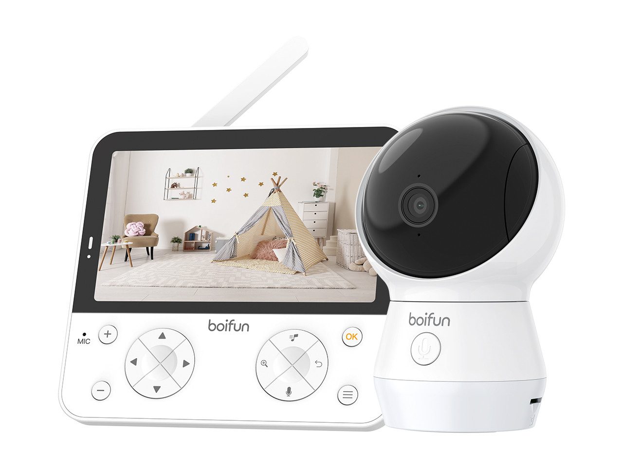 Boifun Babyphone 5.5" Babyphone mit Kamera WLAN, 4MP Video Babyfon mit App, KI-Bauchlage-Erkennung, Buntes Nachtlicht, Nachtsicht ohne Licht, Bewegungs-/Weinen-/Geräuscherkennung,Auto-Tracking, Bereichsalarme, geteiltem Bildschirm, Schwenk-Neige-Zoom-Funktion