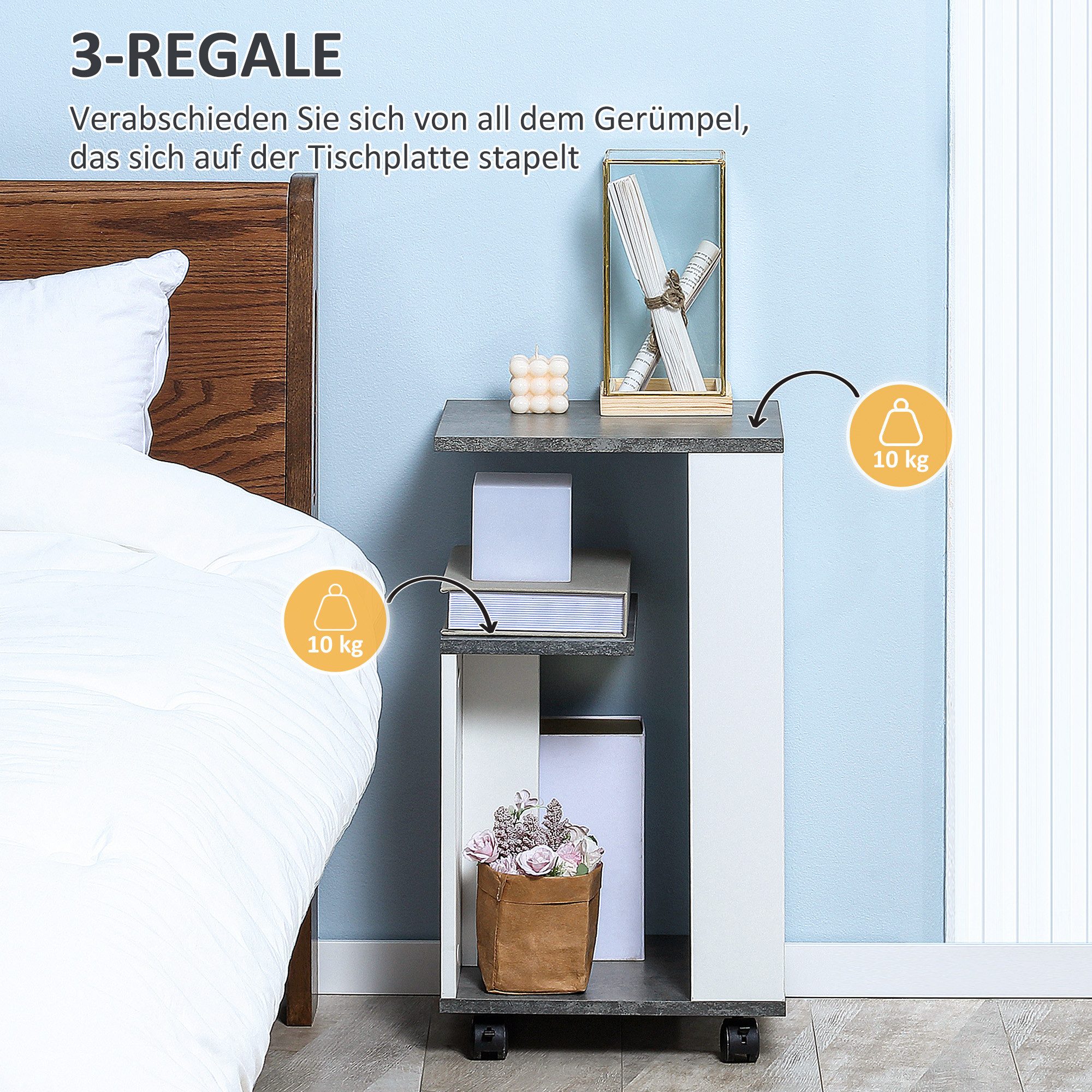 HOMCOM Nachttisch Beistelltisch mit Rollen Couchtisch modern Design mit 3 Regalen (Sofatisch, 1-St., Kaffeetisch), für Schlafzimmer Wohnzimmer Grau Weiß 35 x 29 – Bild 5 von 5