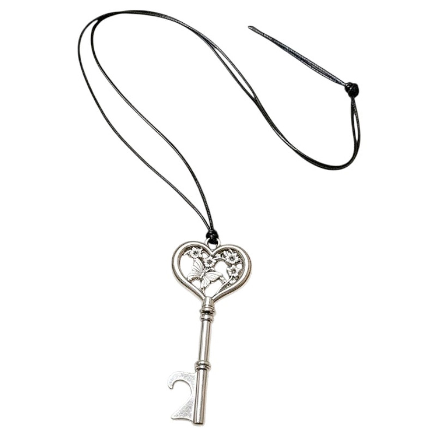 KARMA Lange Kette Lange Halskette Schlüssel 80 cm Damen Schwarz Silber Textil Kette (1-tlg., Damenhalskette Geschenk für Sie), Statementkette Schlüsslkette Metalll Pulloverkette vintage Boho