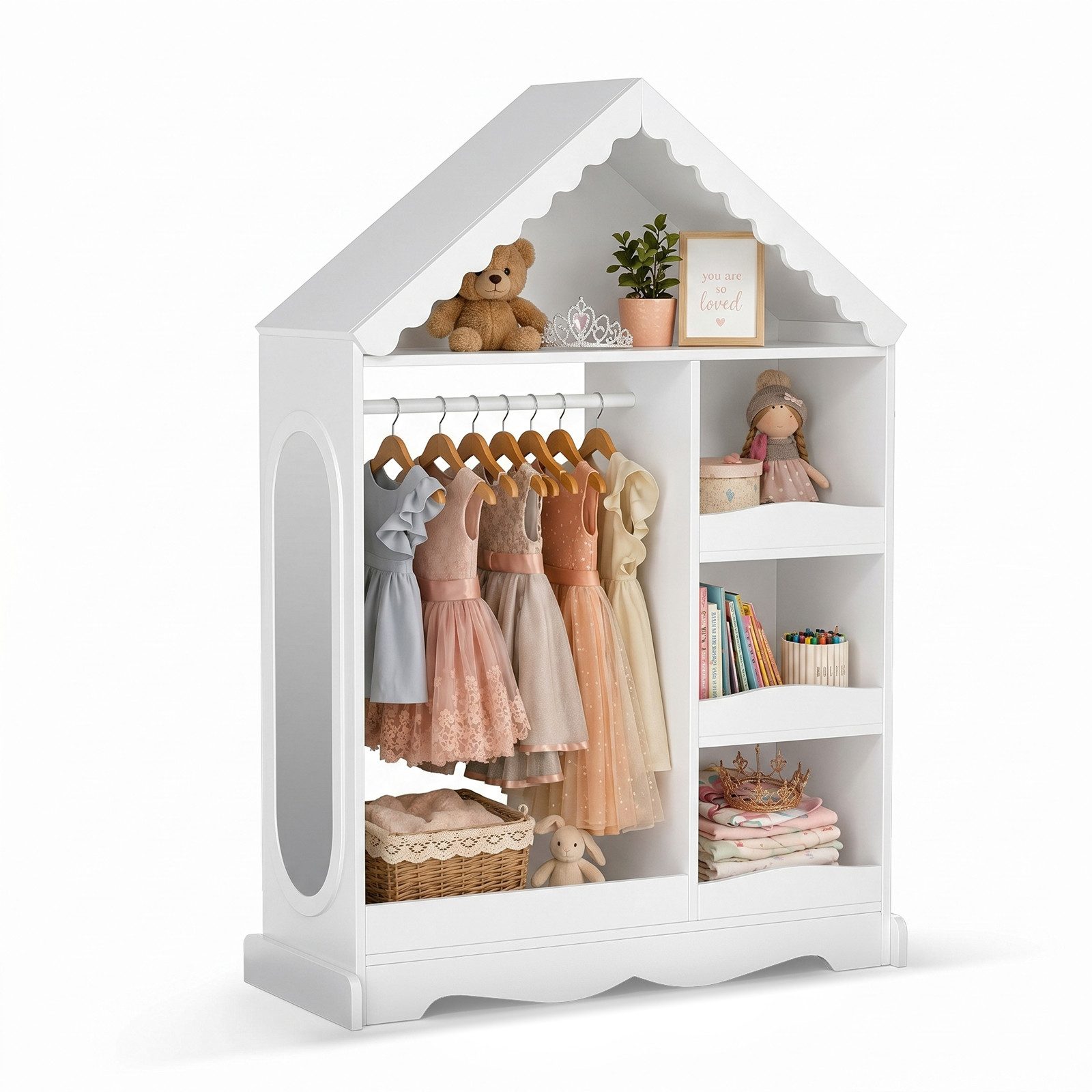 VOWNER Kinderkleiderschrank Hausform, Kindergarderobe mit Acrylspiegel, 84,6 x 34 x 124 cm (1-St) Kind Kleiderständer mit Kleiderstange, Regalen & Haken