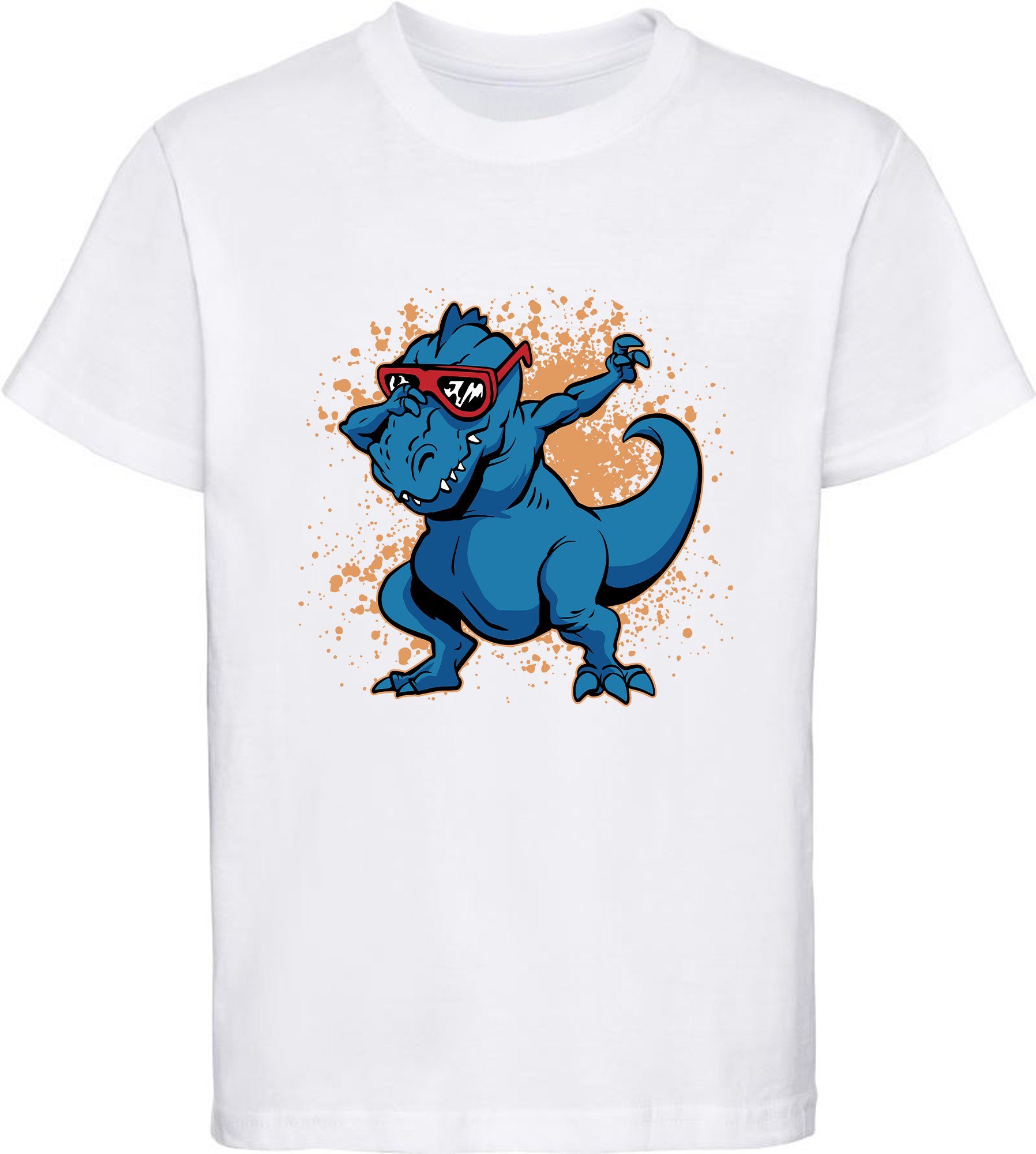 mit Baumwolle T-Shirt Aufdruck, tanzen 100% T-Rex am mit Dino i49 T-Shirt Kinder MyDesign24 weiss bedrucktes Brille