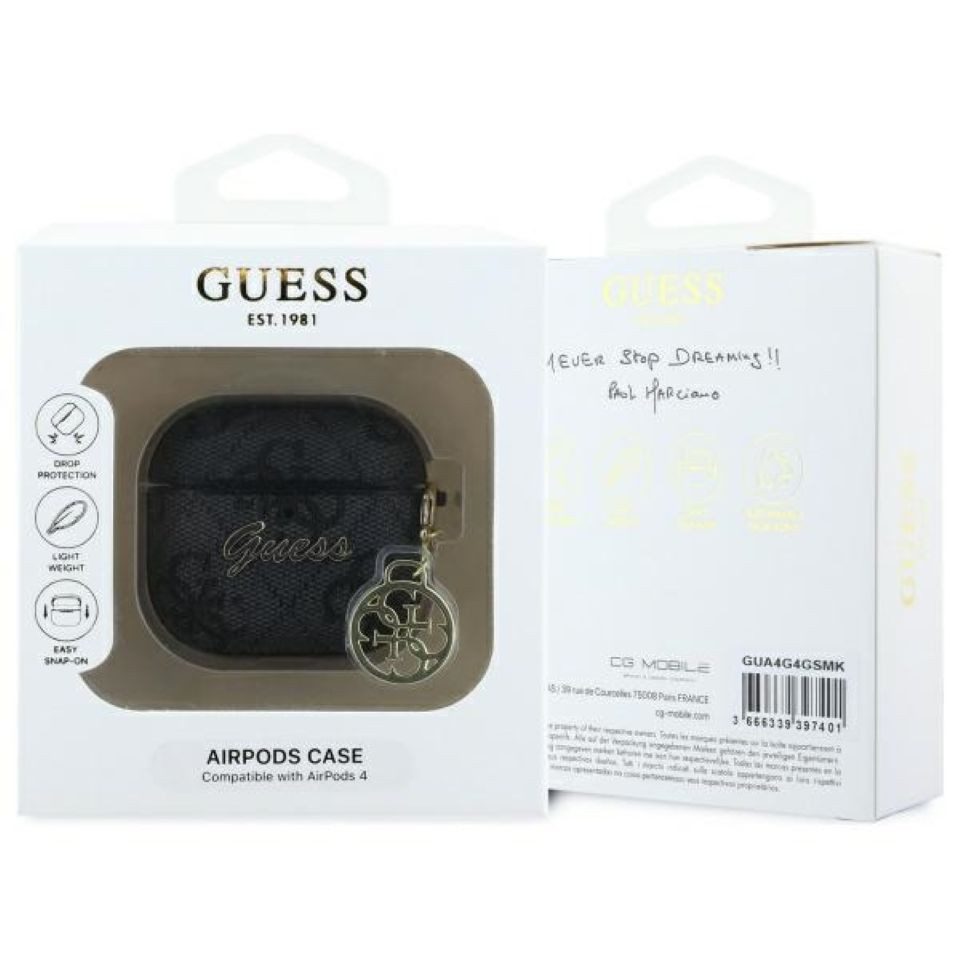 Guess Kopfhörer-Schutzhülle Case AirPods 4 Kunstleder grau Logo Metal Kette goldfarbig, Kantenschutz – Bild 4 von 4